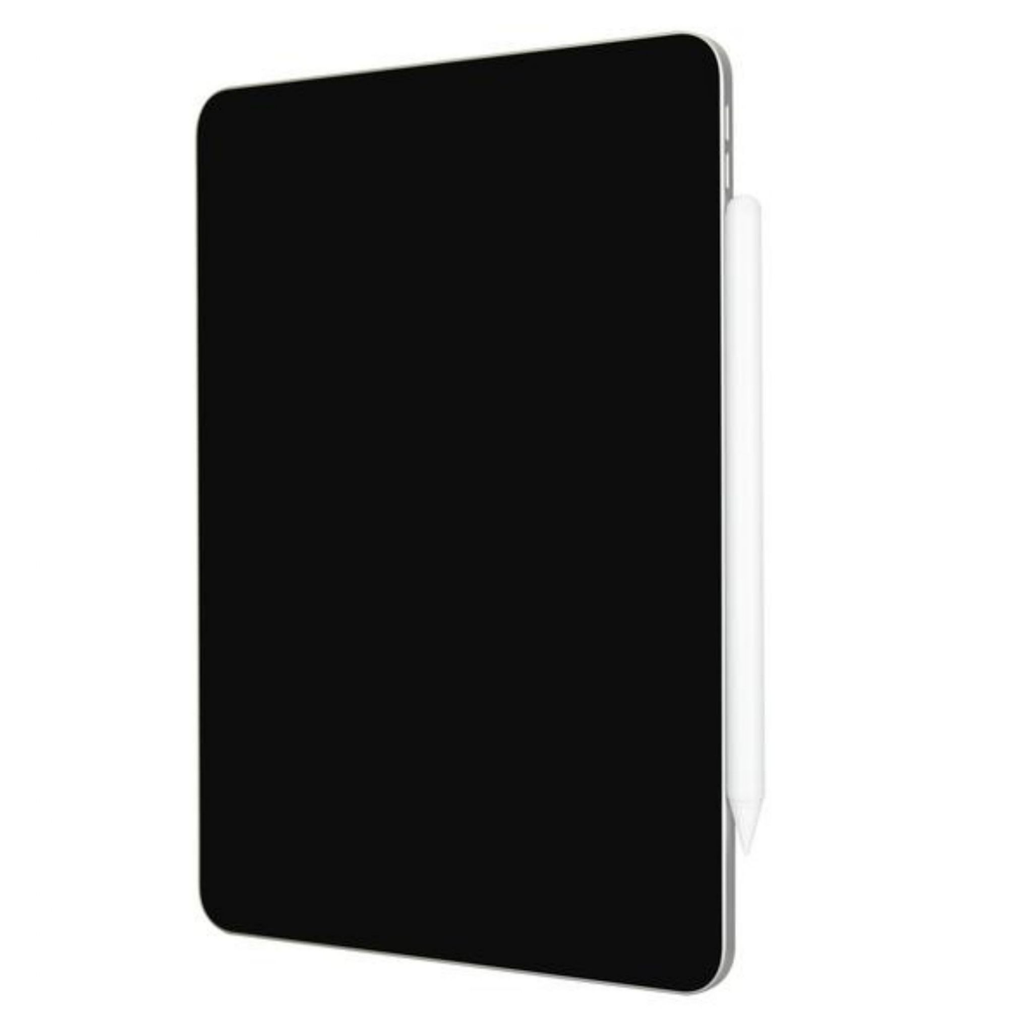 Un iPad Pro con schermo nero e una Apple Pencil bianca attaccata al lato.