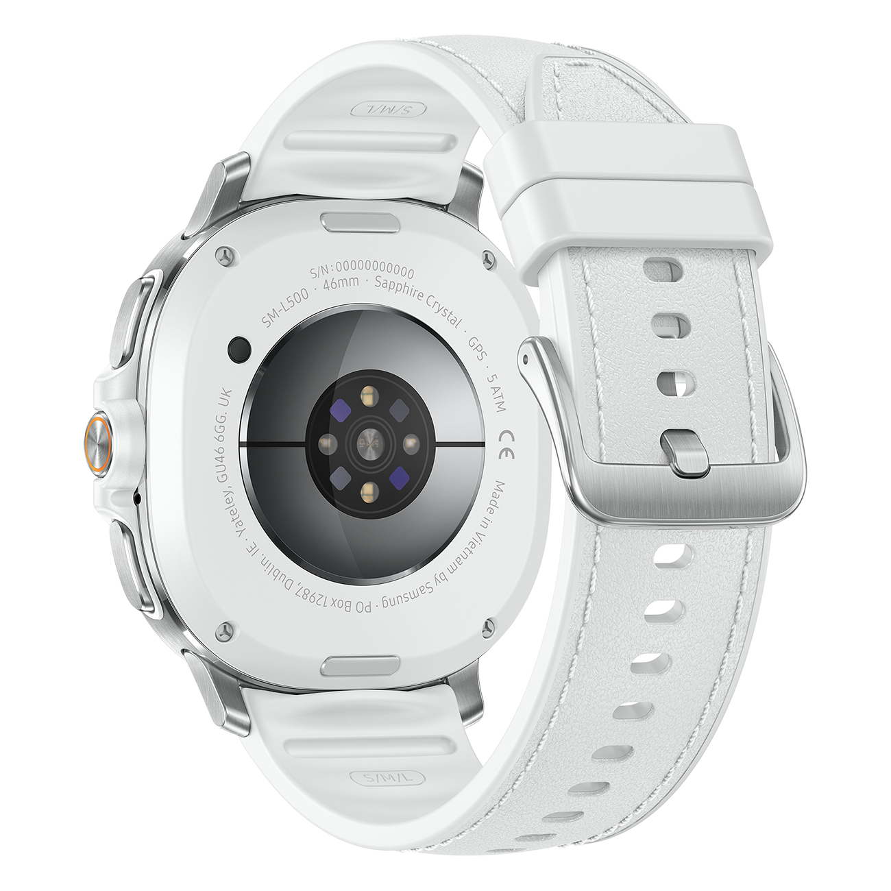 Tył białego smartwatcha z białym paskiem. Posiada czujnik, a pasek jest połączony ze sprzączką.