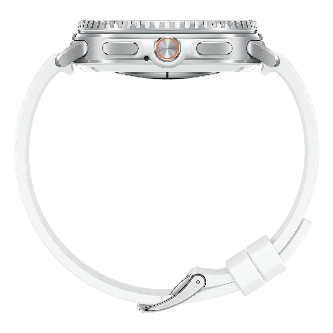 Biały smartwatch z białym paskiem, srebrną ramką i pomarańczowymi akcentami. Bok pokazuje przyciski i połączenie paska.