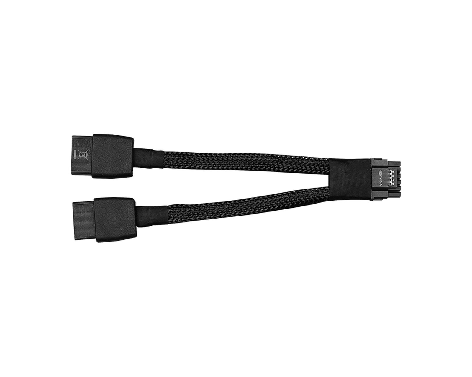 Czarny dwugłowicowy kabel zasilający do kart graficznych. Czarne złącza.