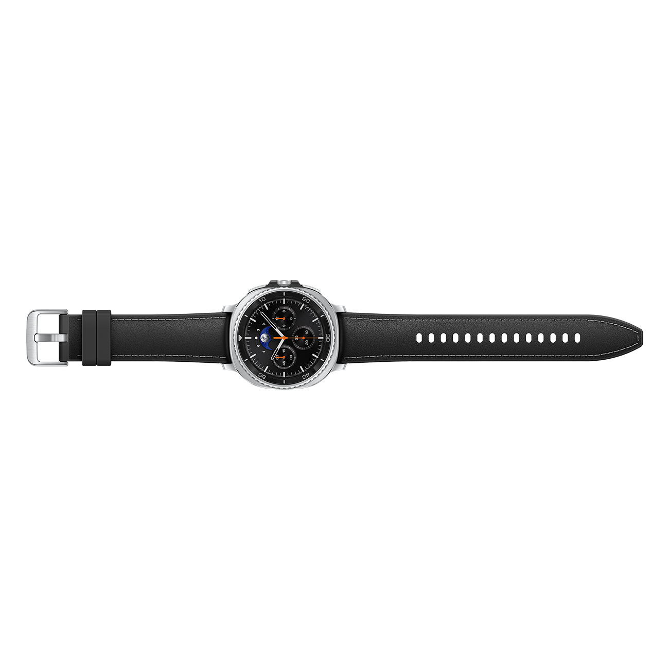 Czarny smartwatch z czarnym paskiem. Zegarek jest poziomy i pokazuje godzinę.