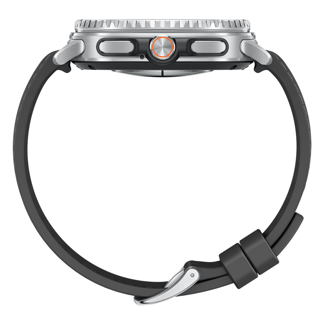 Widok z boku srebrnego smartwatcha z czarnym paskiem. Posiada przyciski i koronkę. Pasek jest zakrzywiony.