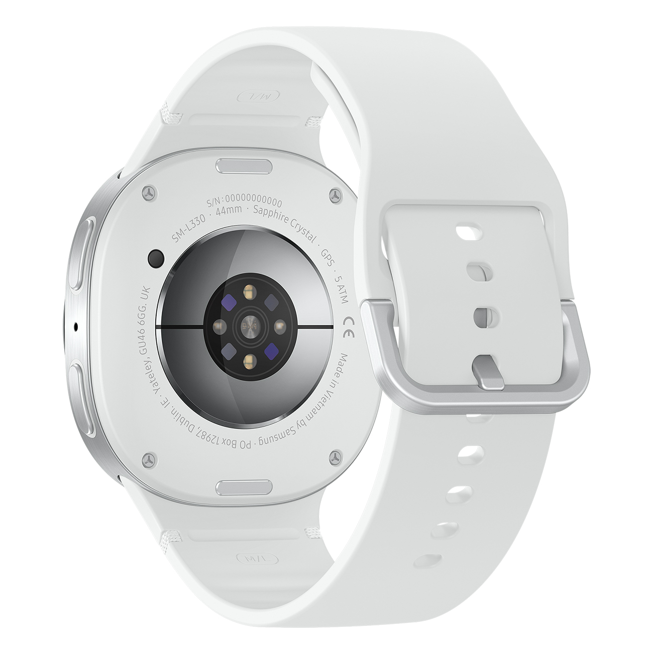De achterkant van een witte smartwatch. Details omvatten sensoren, tekst en bandbevestiging. De band is wit.