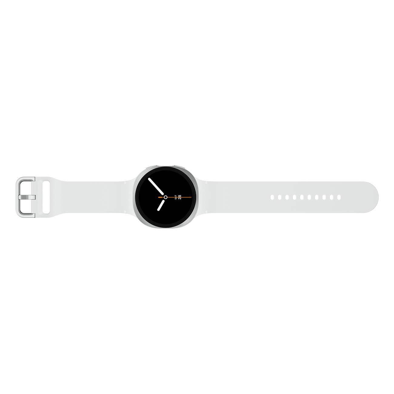 Een witte smartwatch plat gelegd. De wijzerplaat is zwart en toont de tijd. De band is wit.