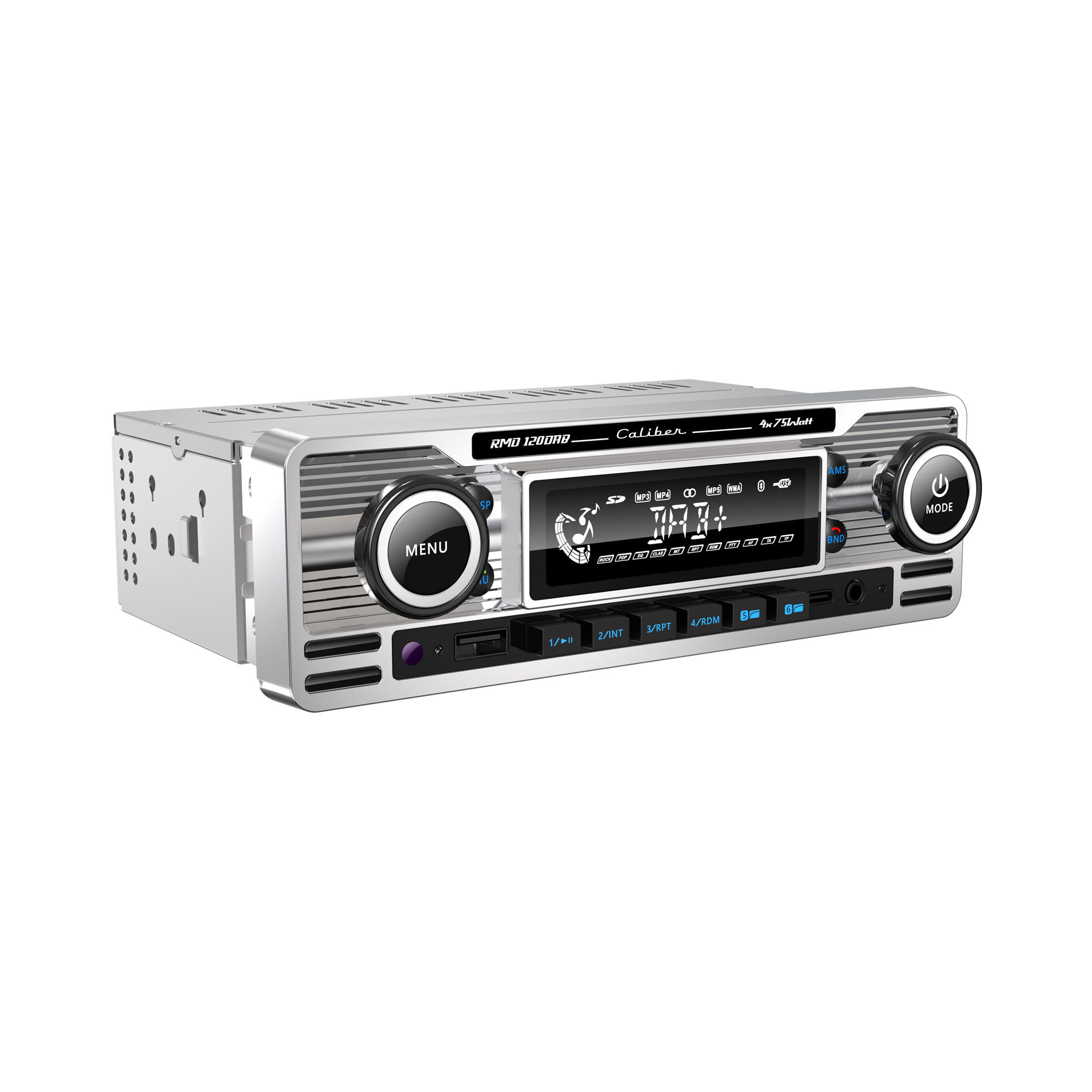 Car stereo with silver finish, buttons, and a digital display.