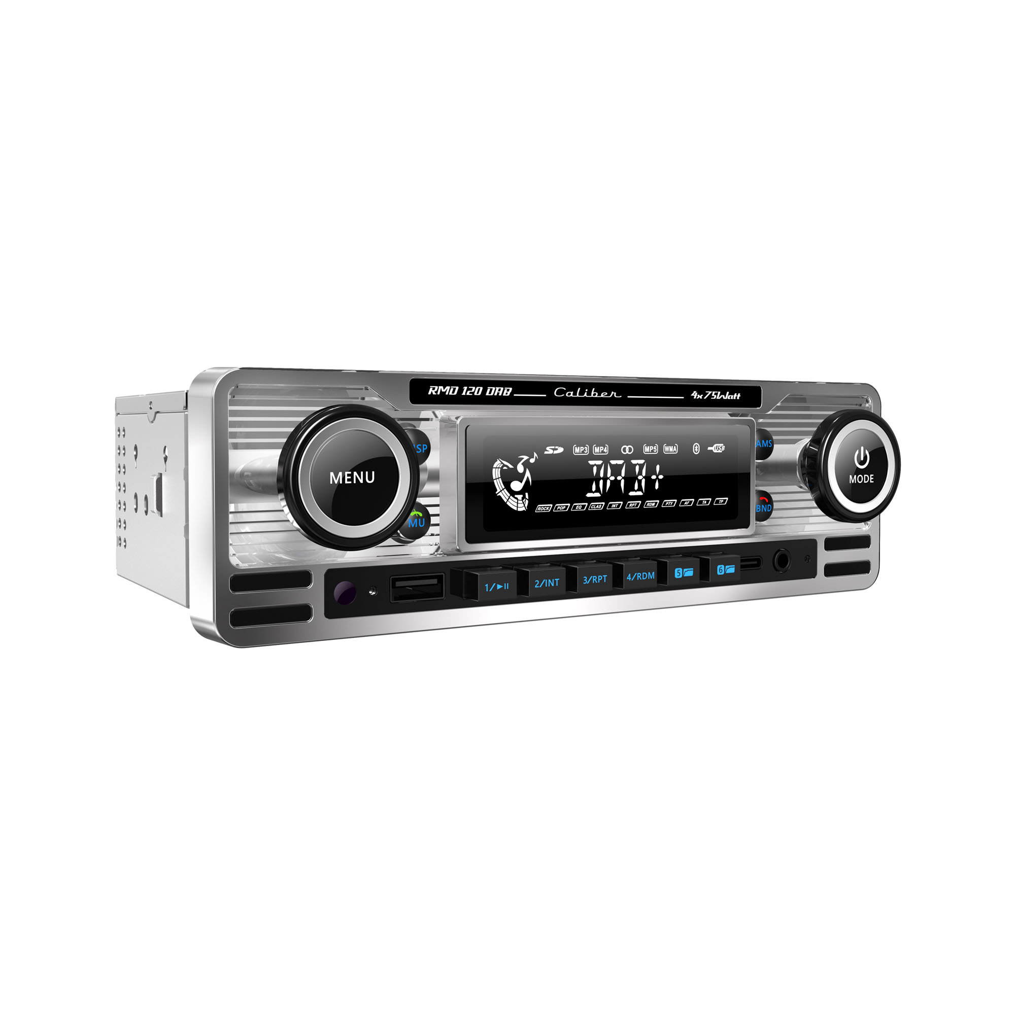 A silver car radio with buttons, a screen, and a USB port. The face is black and silver.