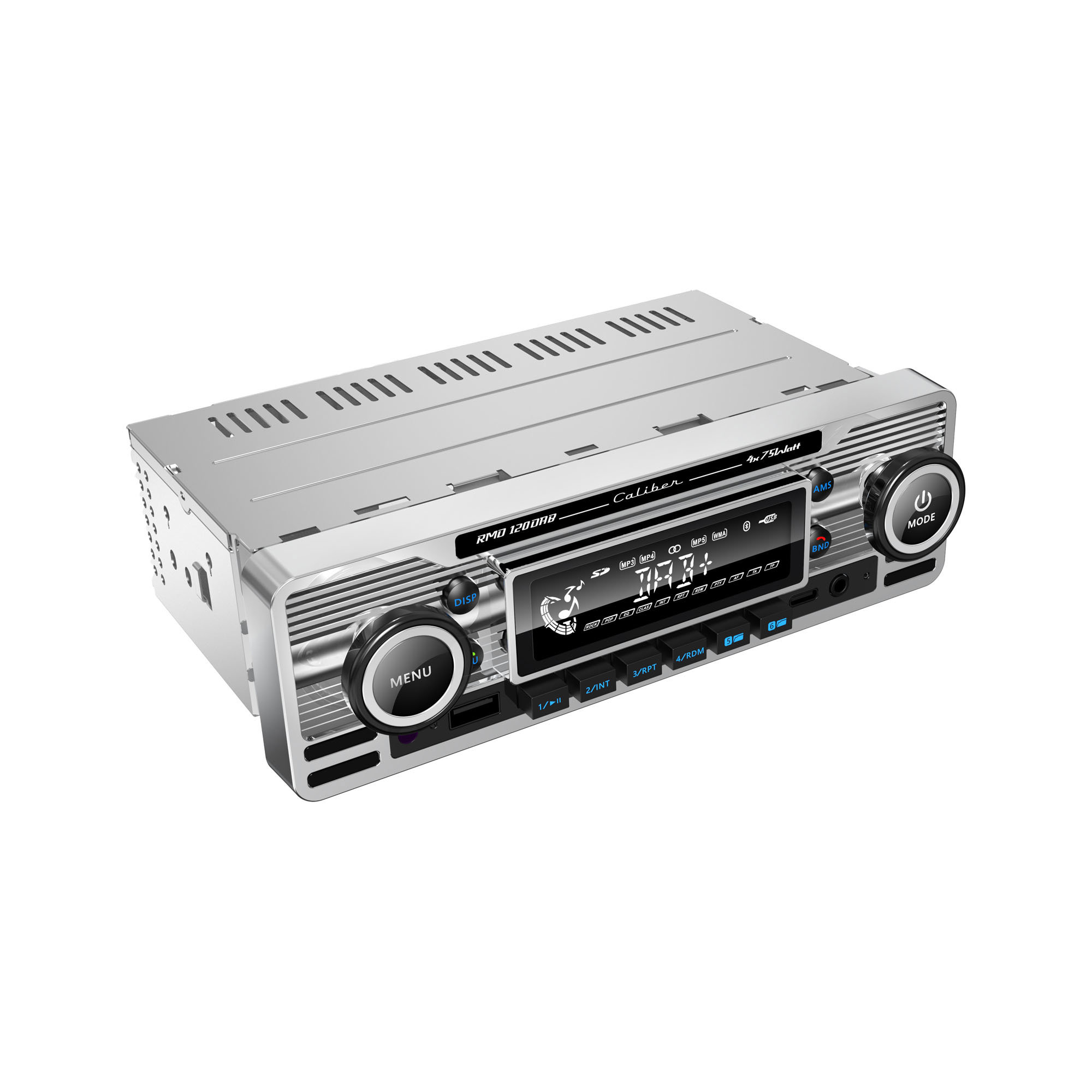 Car stereo with silver finish, buttons, and a digital display.