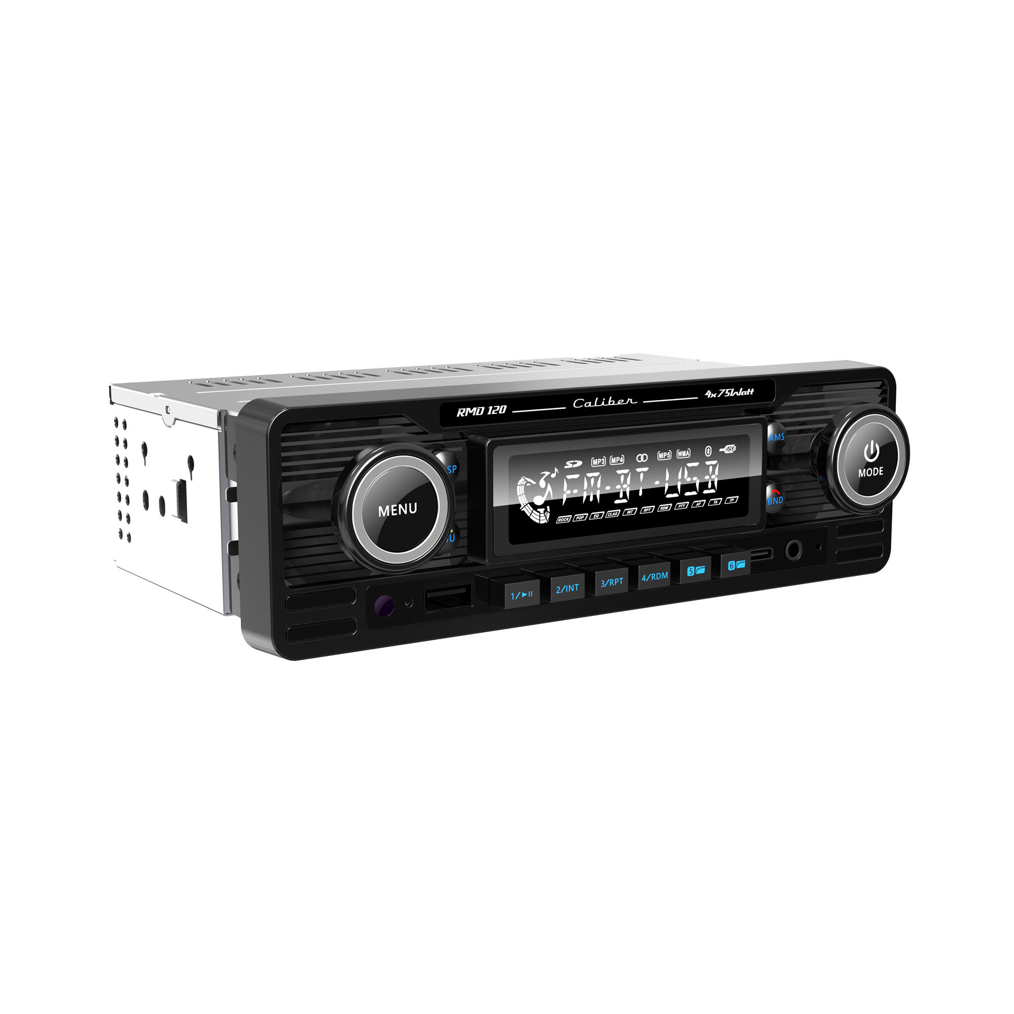 Car stereo with a black finish, buttons and a digital display.