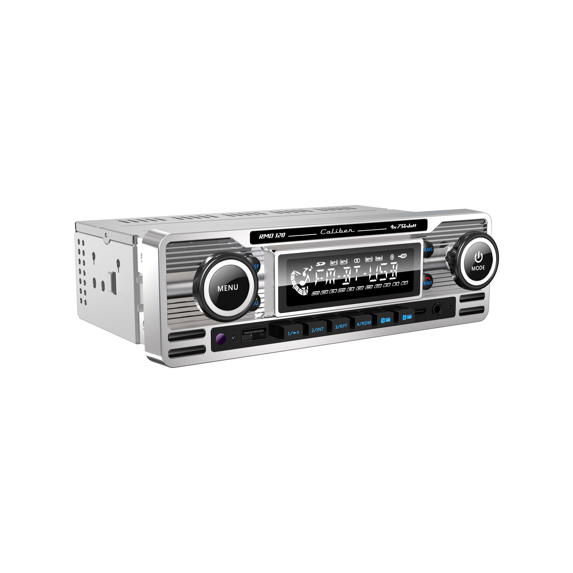 Car stereo with silver finish, buttons, and a digital display.