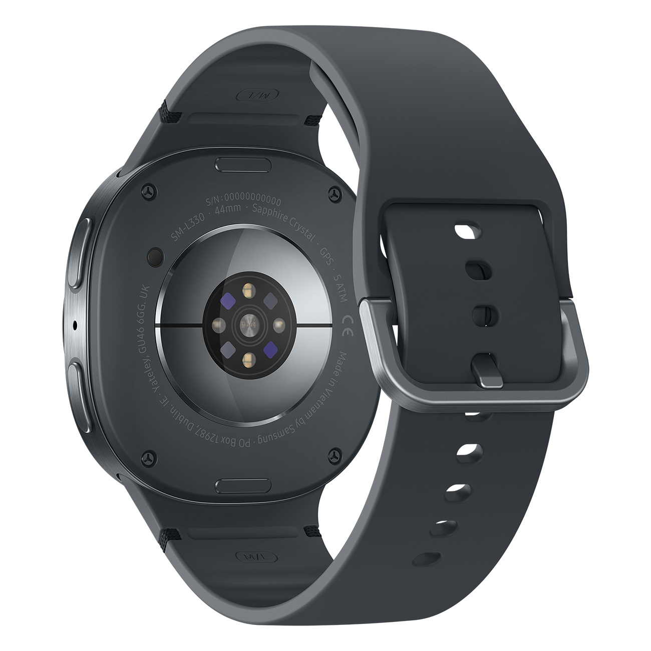 Ciemnoszary smartwatch z czarnym paskiem pokazany od tyłu, prezentujący czujniki i specyfikacje.