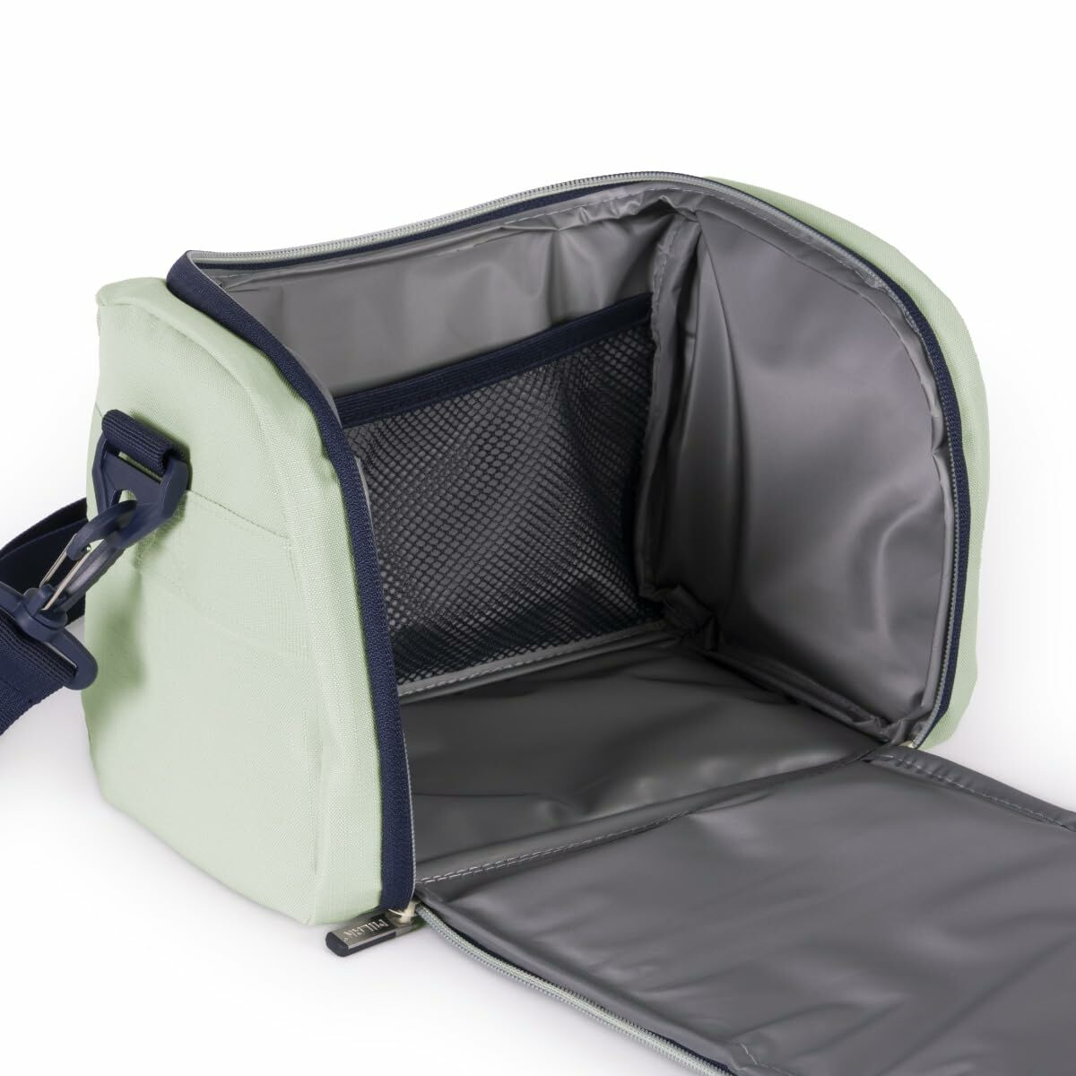 Geöffnete hellgrüne Lunchtasche mit Netztasche innen und grauem Futter.