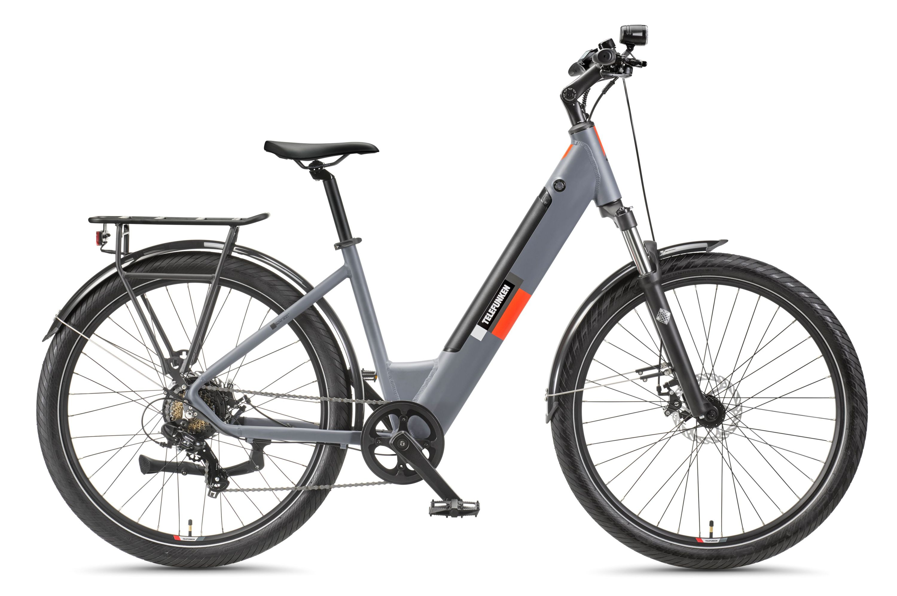 Graues Telefunken E-Bike mit rotem Streifen, schwarzen Reifen und schwarzem Sattel, vor weißem Hintergrund.
