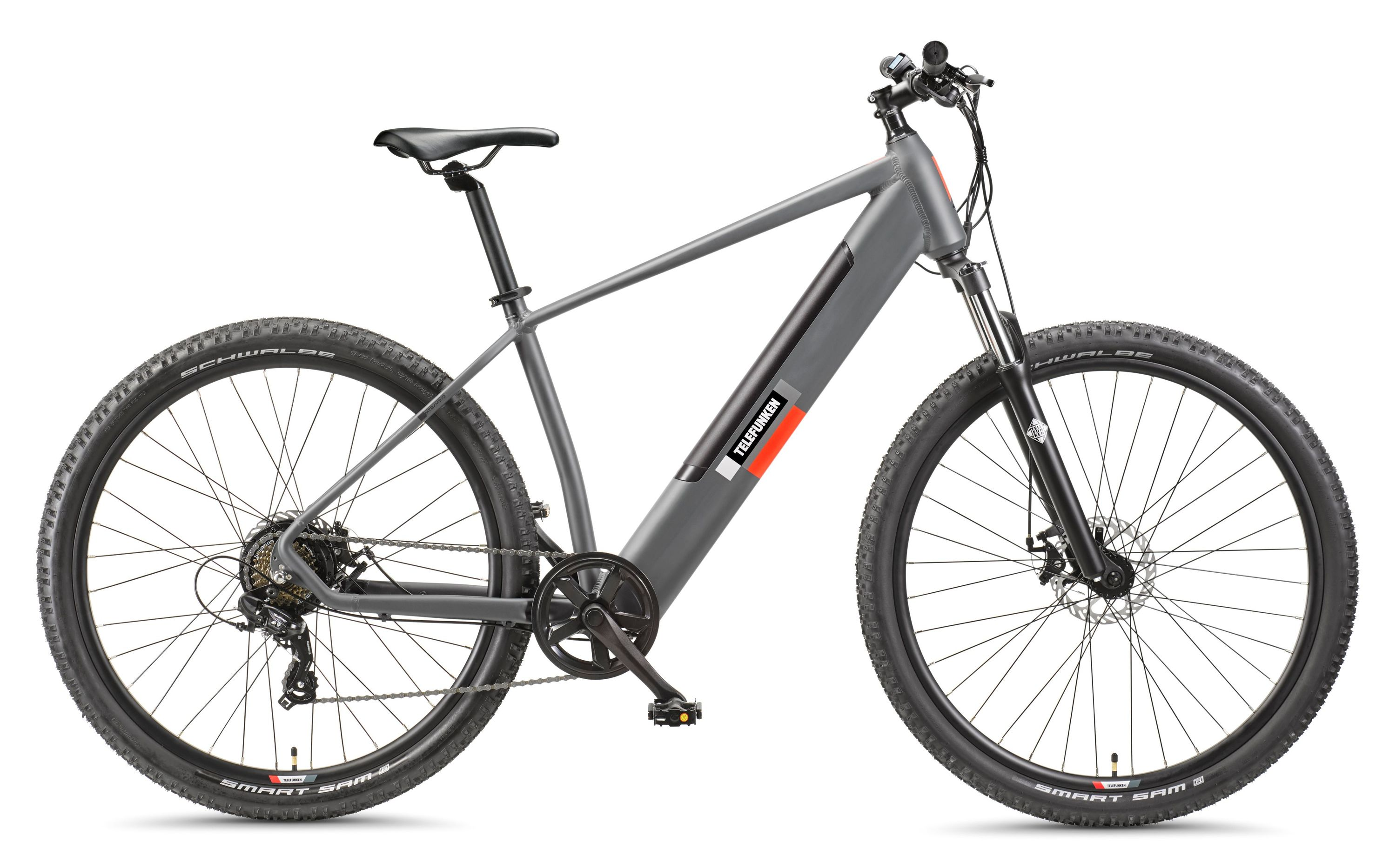 Graues Telefunken E-Bike mit schwarzen Reifen und schwarzem Sattel, mit rotem Streifen, vor weißem Hintergrund.