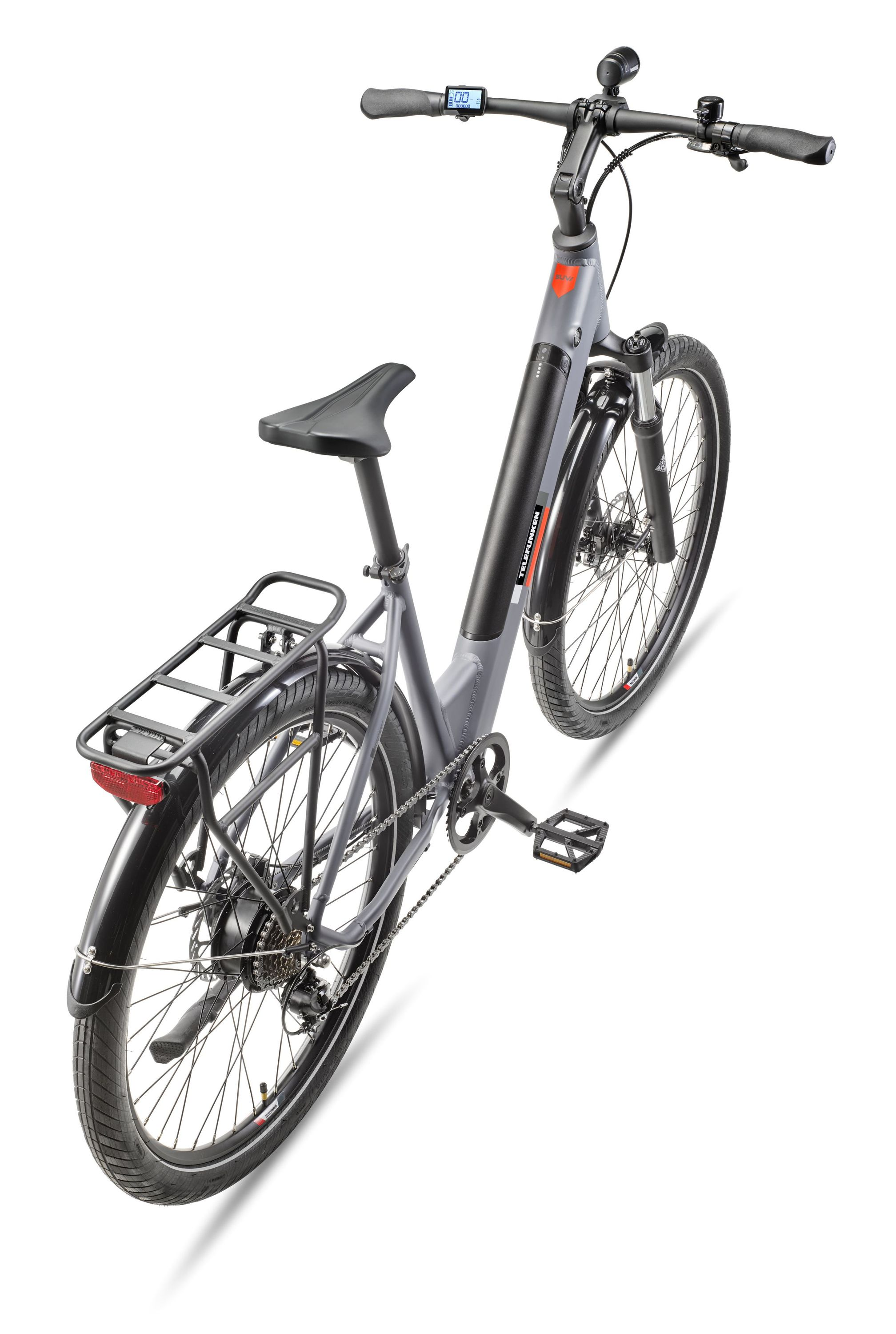 Draufsicht auf ein graues Telefunken E-Bike auf weißem Hintergrund mit schwarzem Sattel und Gepäckträger.