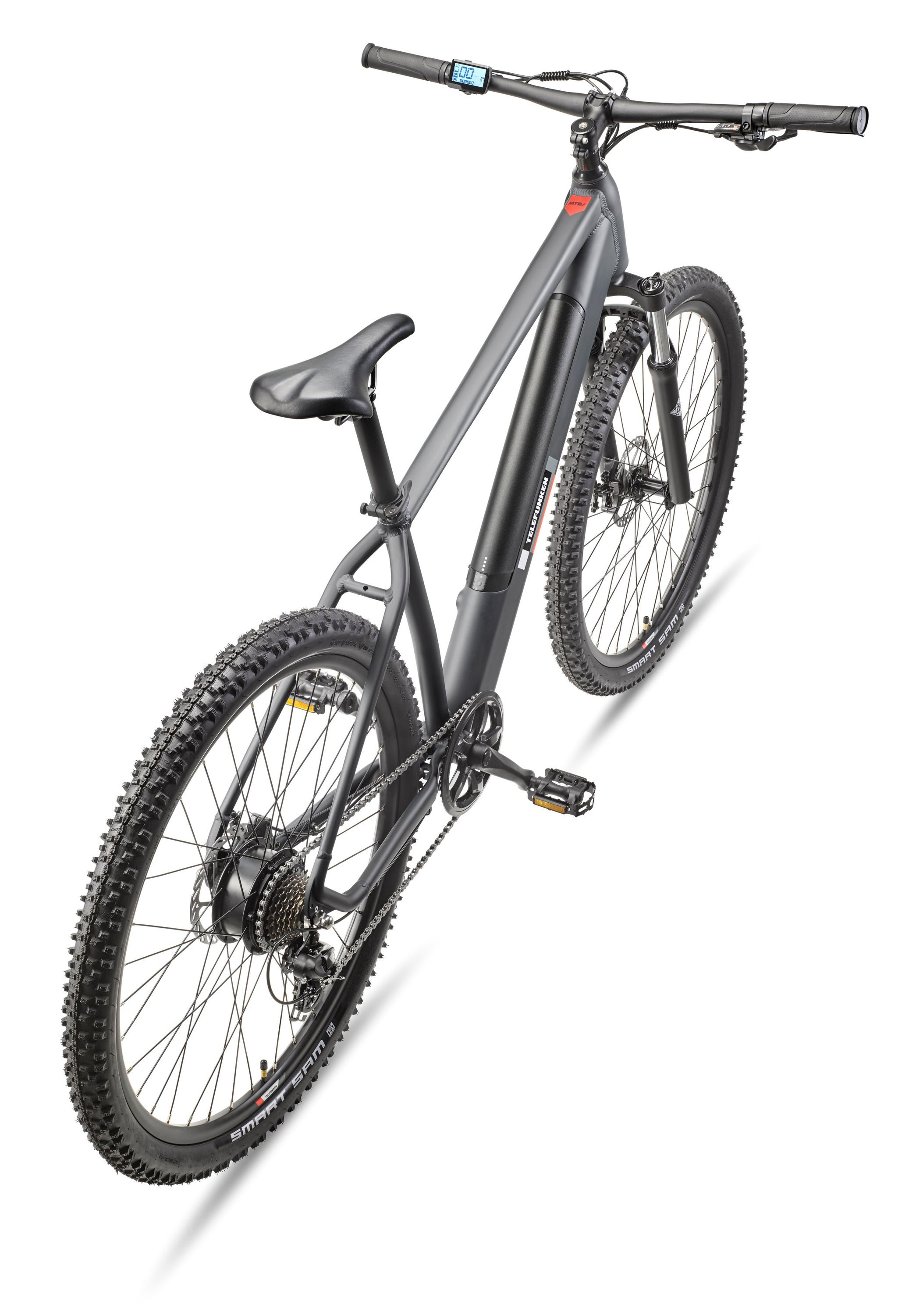 Draufsicht auf ein graues Telefunken E-Bike auf weißem Hintergrund mit schwarzem Sattel.