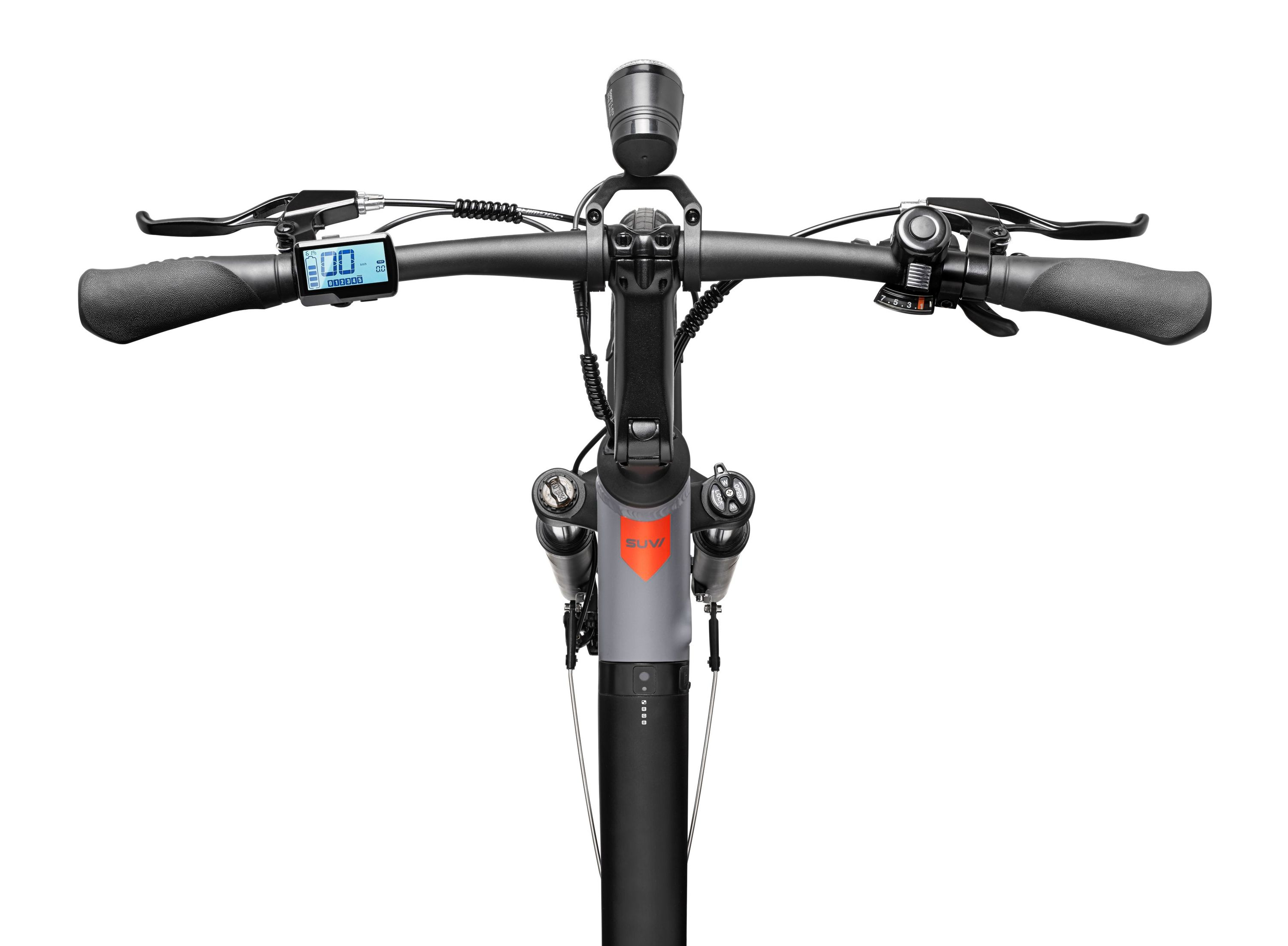 Draufsicht auf den Lenker eines Telefunken E-Bikes, mit Anzeige und Bedienelementen.