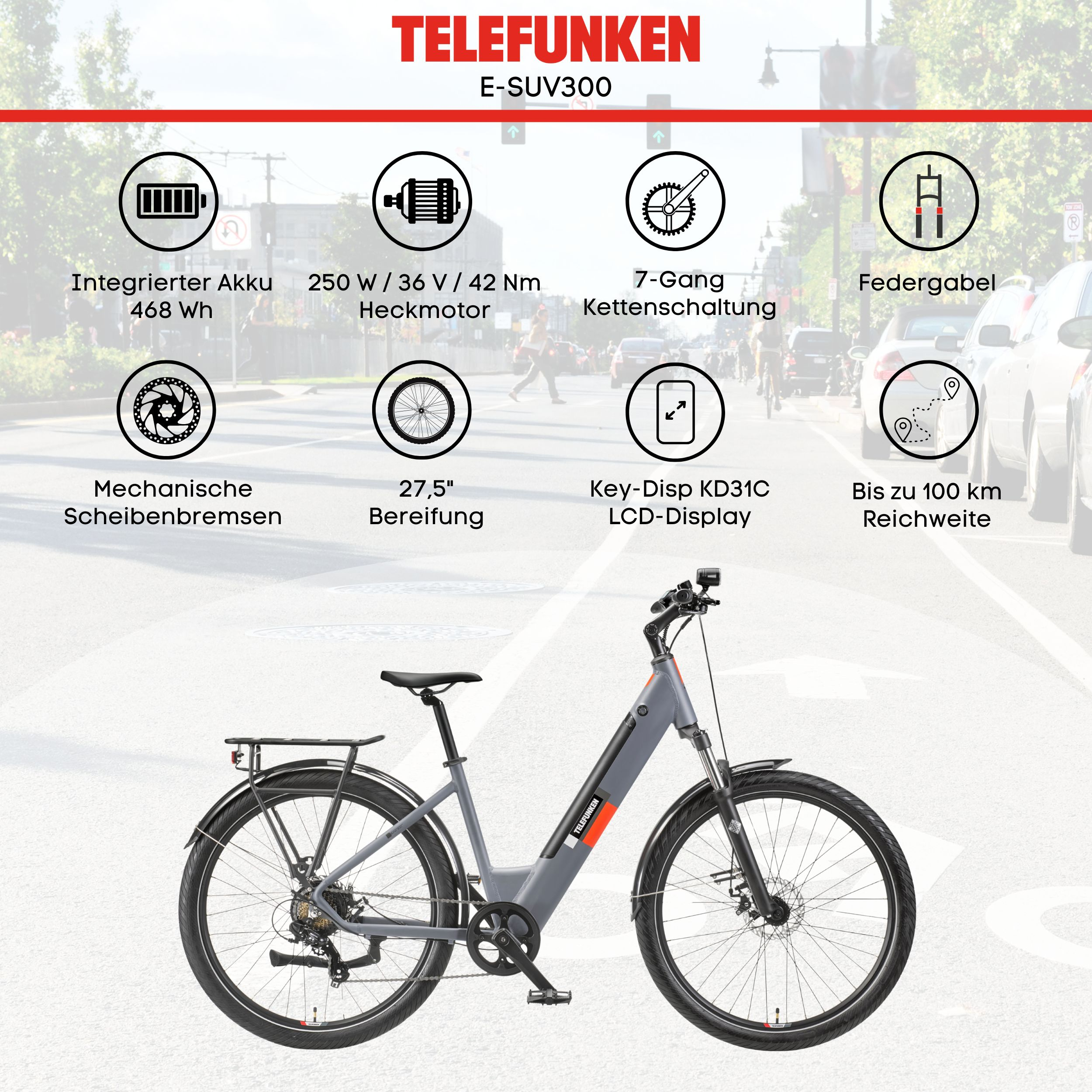 Ein Elektrofahrrad mit grauem Rahmen, schwarzen Reifen und verschiedenen Komponentendetails, präsentiert mit Text.