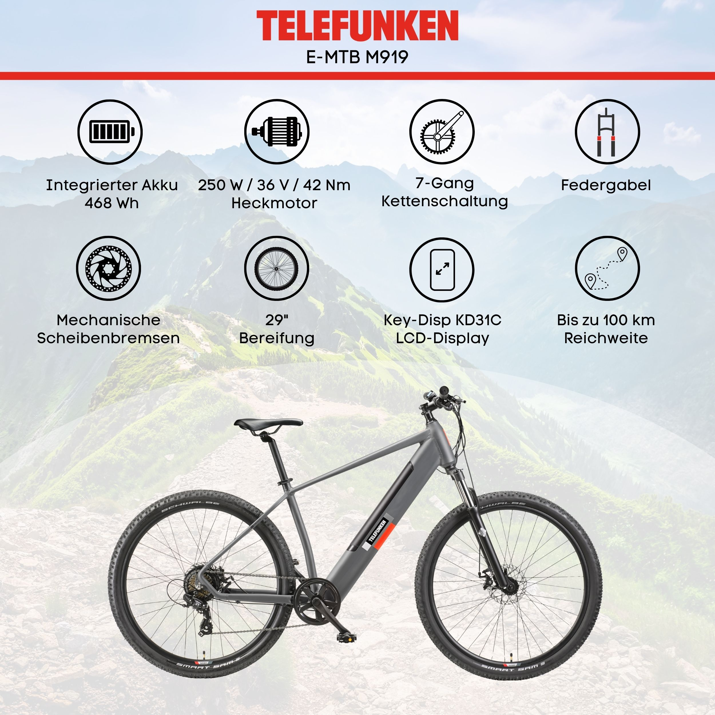 Telefunken E-MTB M919 E-Bike mit Funktionssymbolen und Text: Batterie, Motor, Gänge, Bremsen usw.