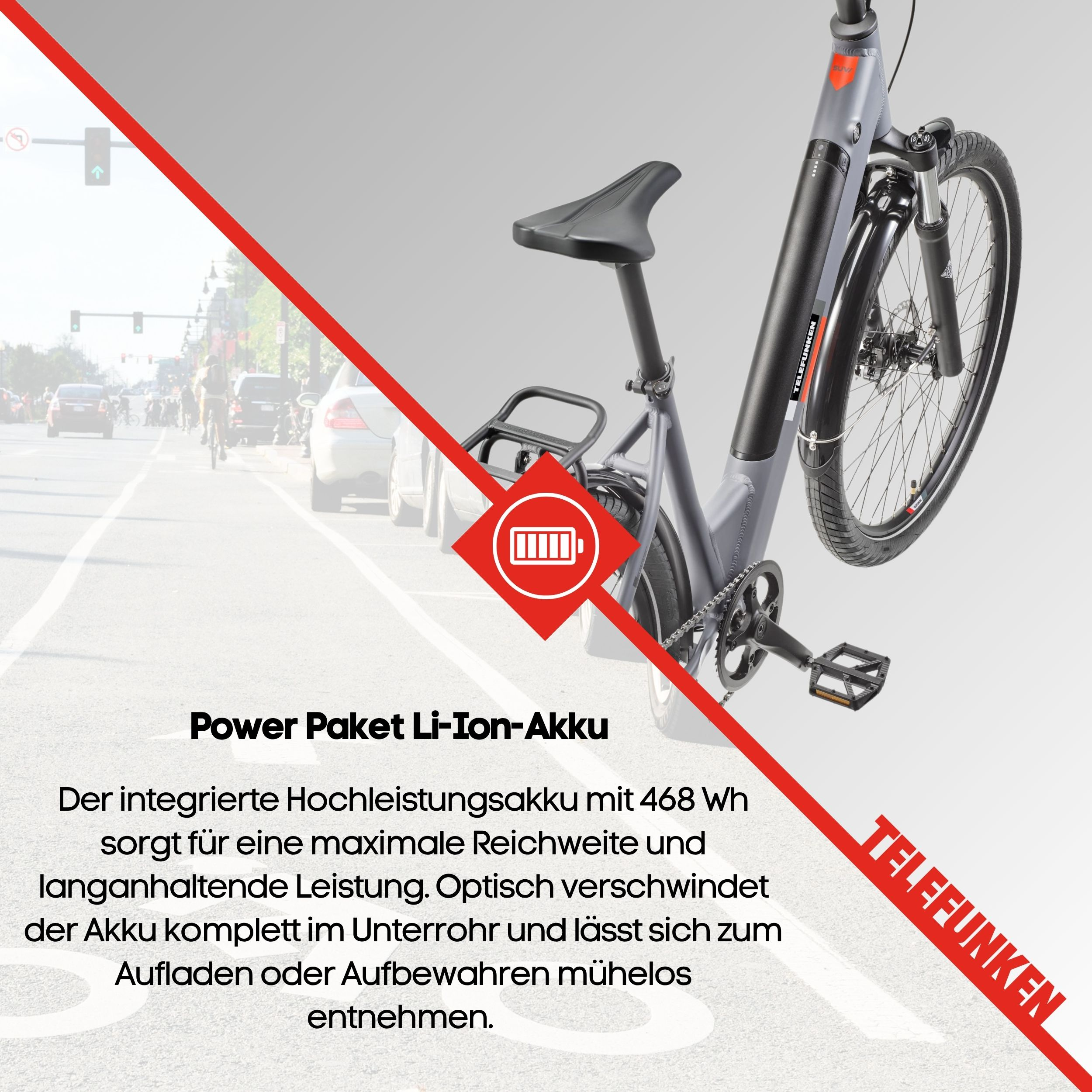 E-Bike mit Text über Akkulaufzeit und Leistung, mit Stadtstraßenhintergrund. Rotes Telefunken-Logo.