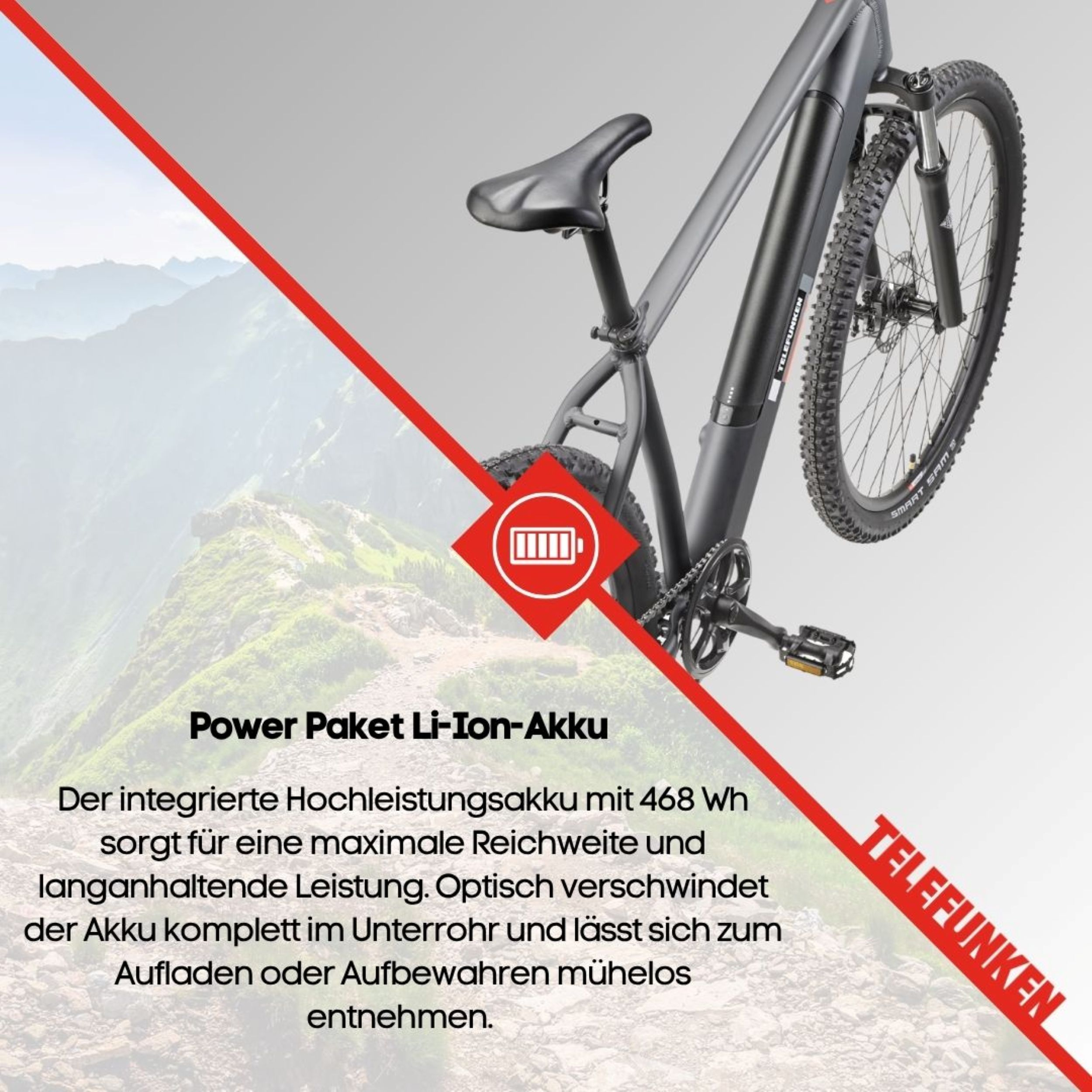 Ein schwarzes Elektrofahrrad mit Akku, präsentiert vor einem Berg-Hintergrund, mit einer roten Diagonallinie.