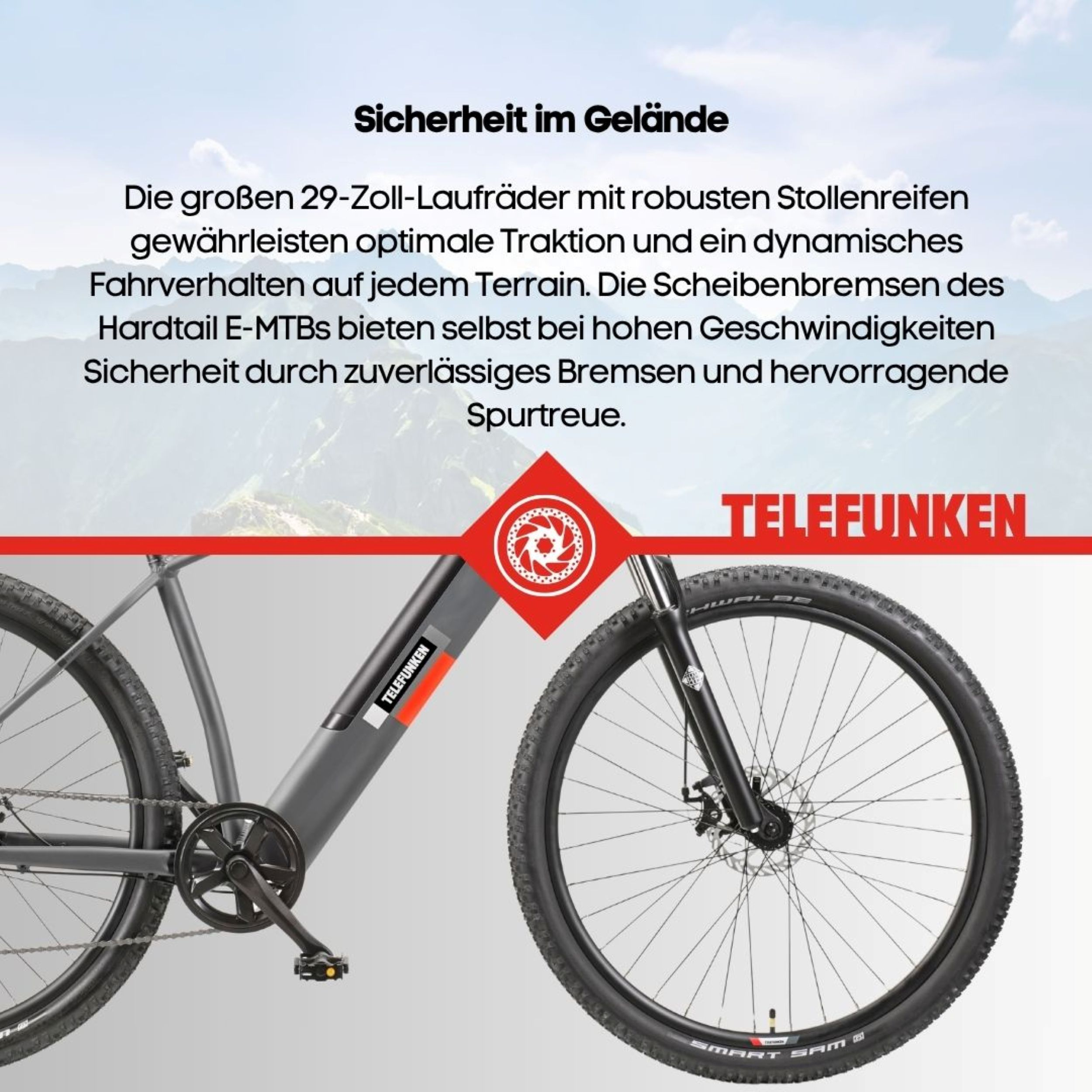 Nahaufnahme eines E-Bikes mit Vorderrad und Text über Sicherheit und Reifengrip.