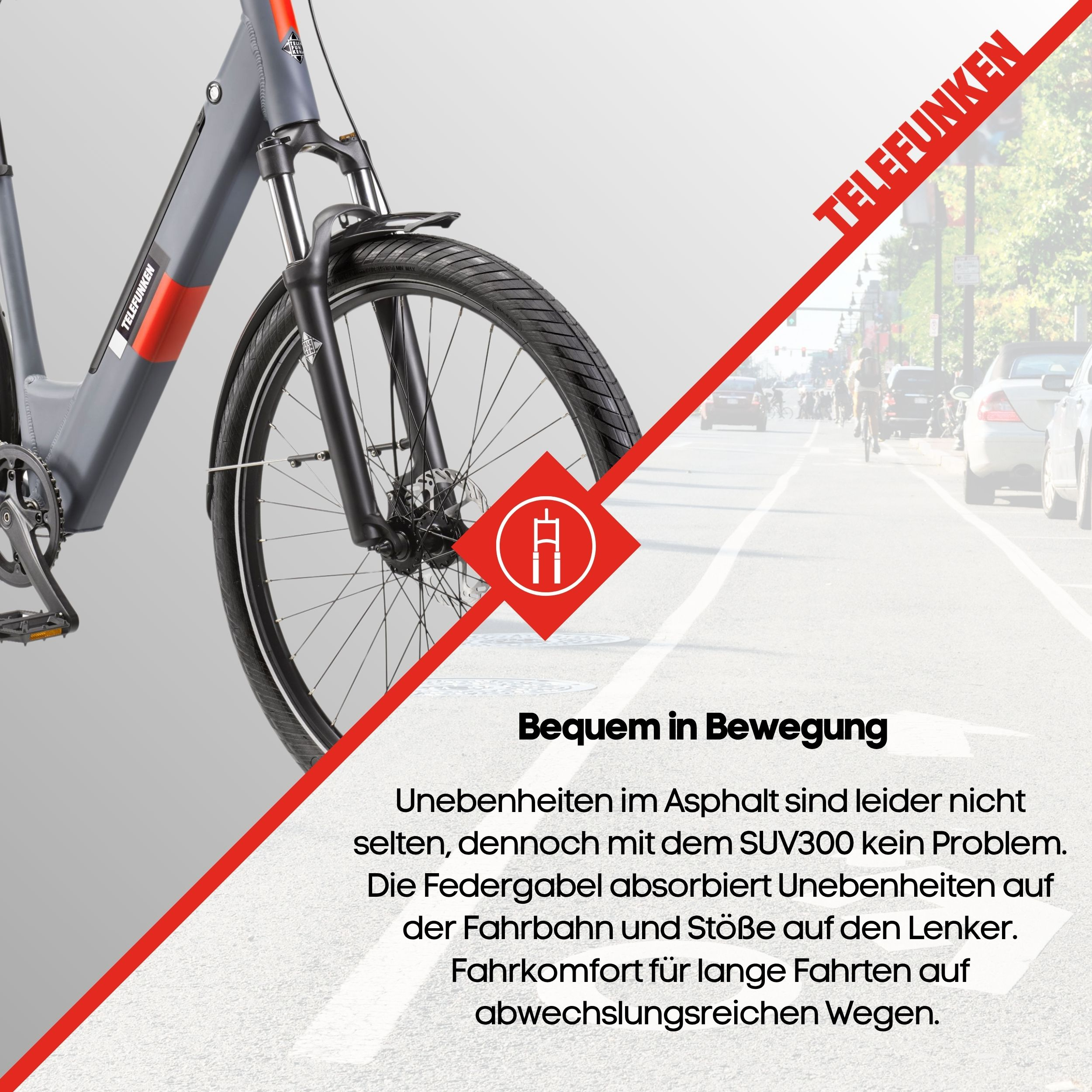 Ein Elektrofahrrad auf einer Straße, mit einer roten Diagonallinie und Text über Komfort und Federung.