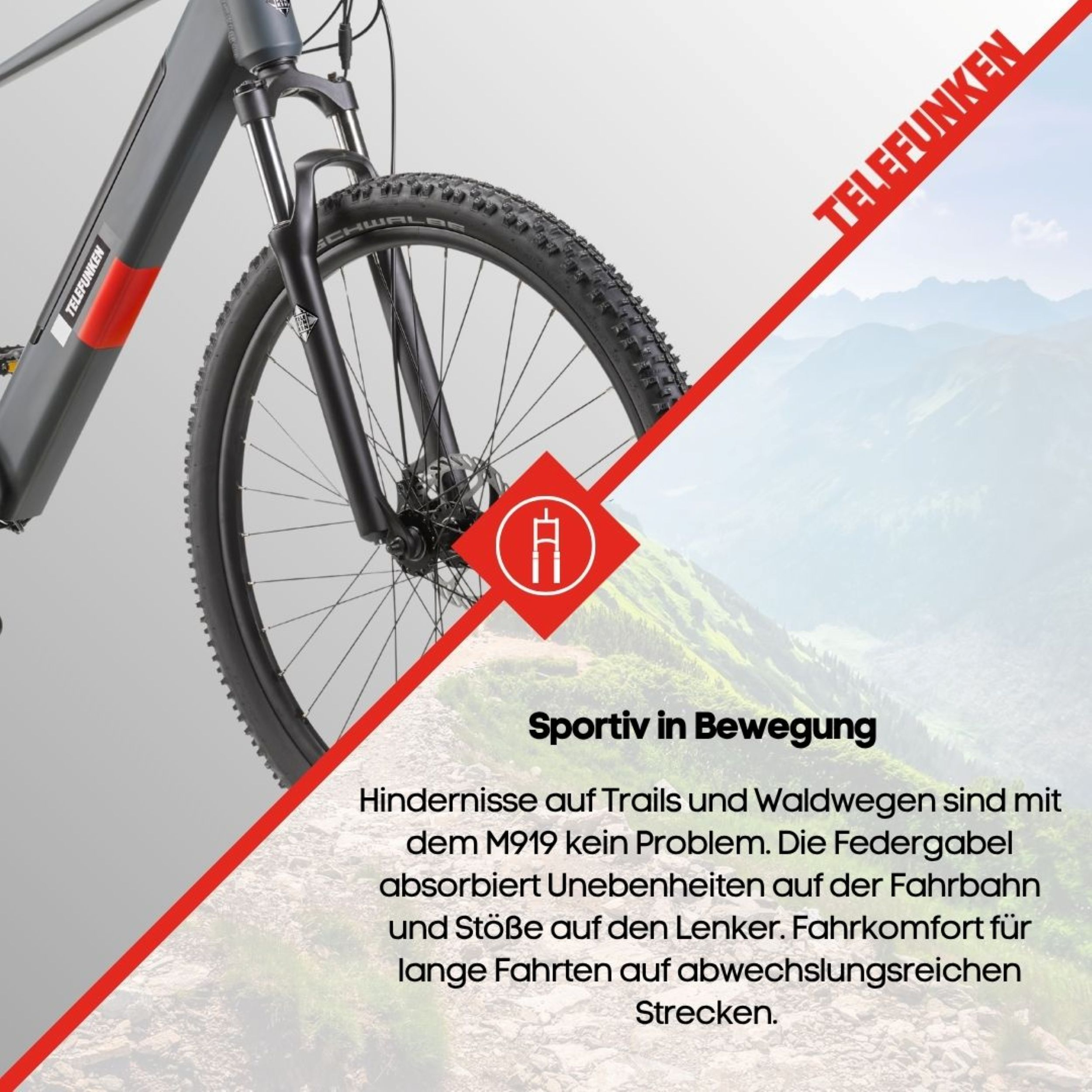 Nahaufnahme des Vorderrads eines E-Bikes mit Text über Trailfahren und die Federung.