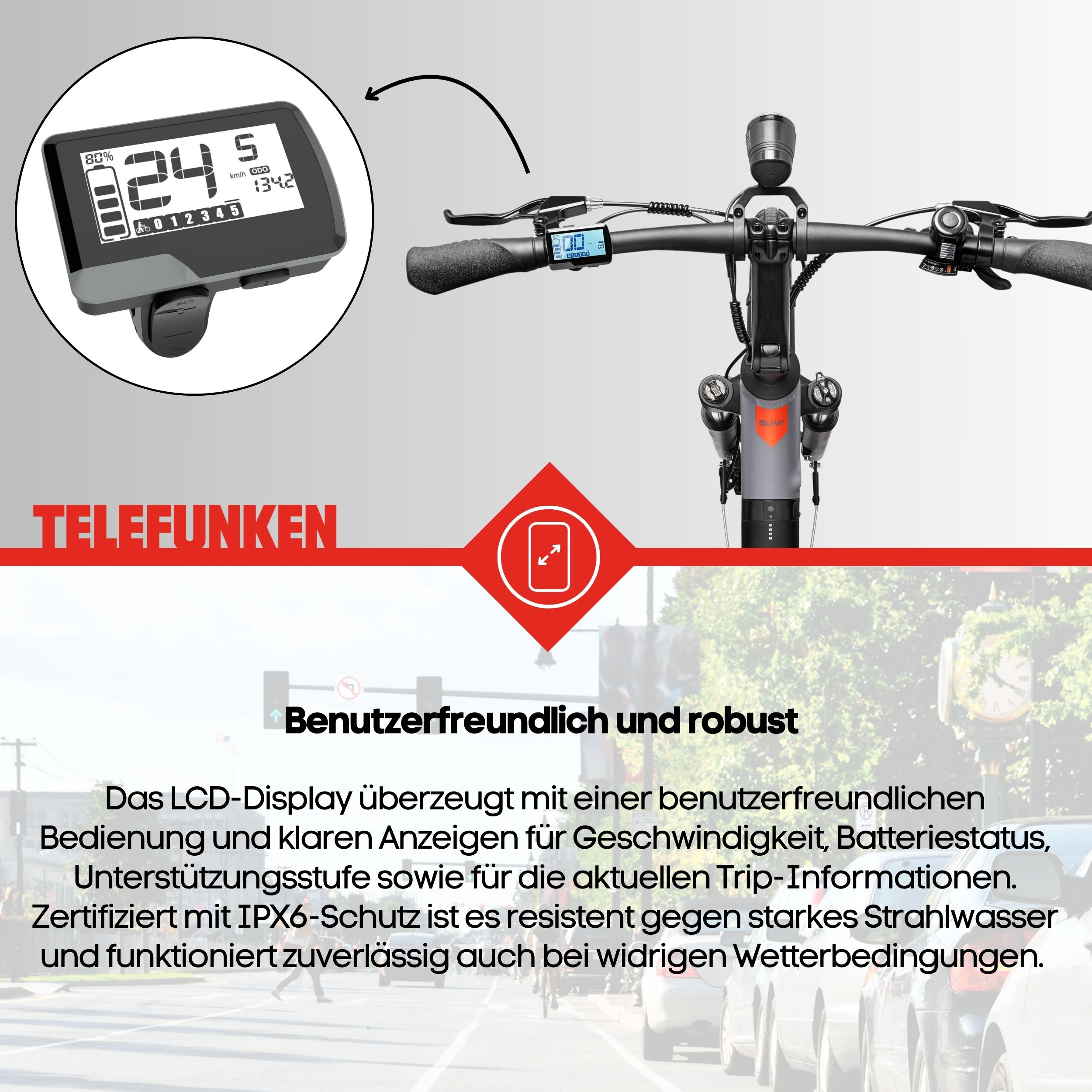 Anzeige auf einem Telefunken E-Bike mit Geschwindigkeits- und Batterieinformationen. Text über benutzerfreundliches Design.