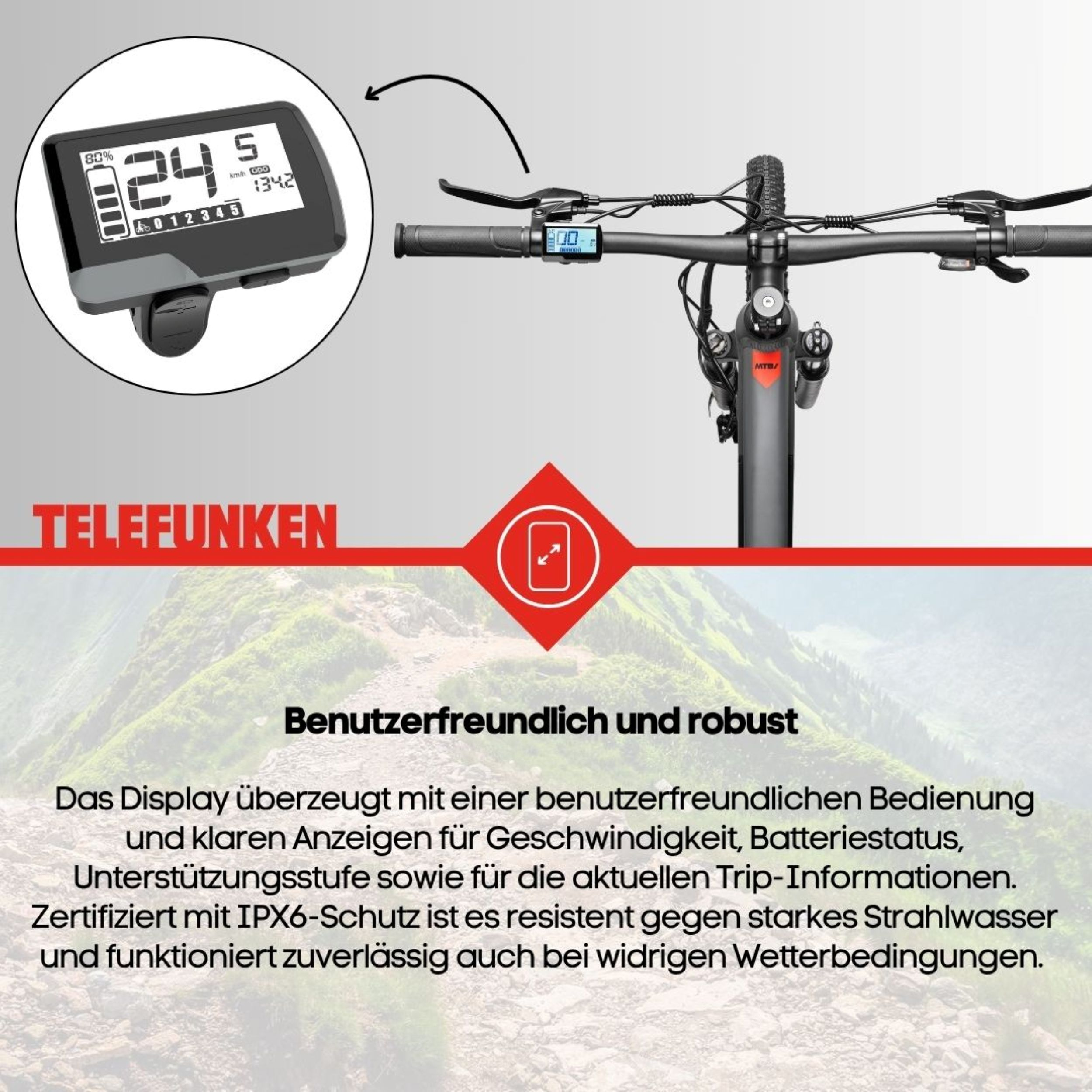 Das Display des Fahrrads mit Daten, eine rote Diagonallinie und Text über Benutzerfreundlichkeit und Robustheit.