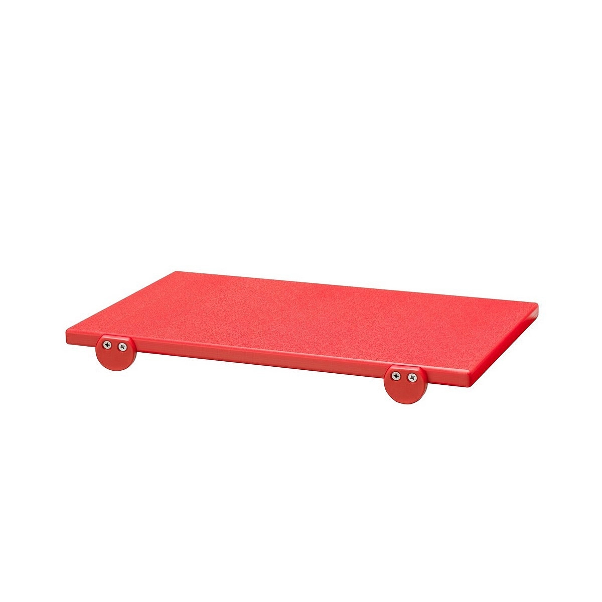 Una piattaforma rettangolare rossa con supporti arrotondati su sfondo bianco.