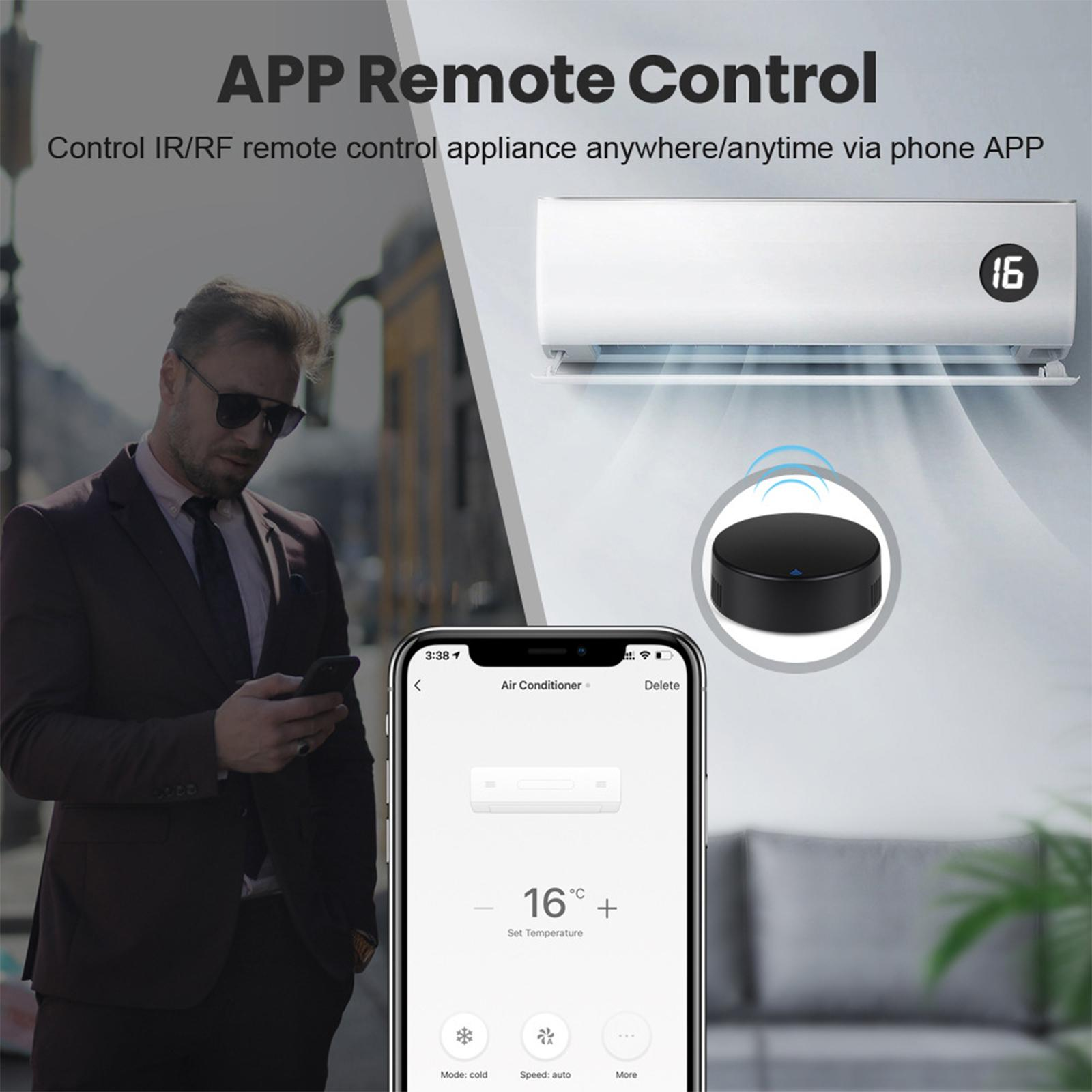 Mann steuert mit Smartphone Klimaanlage per App. Klimaanlage über dem Mann.