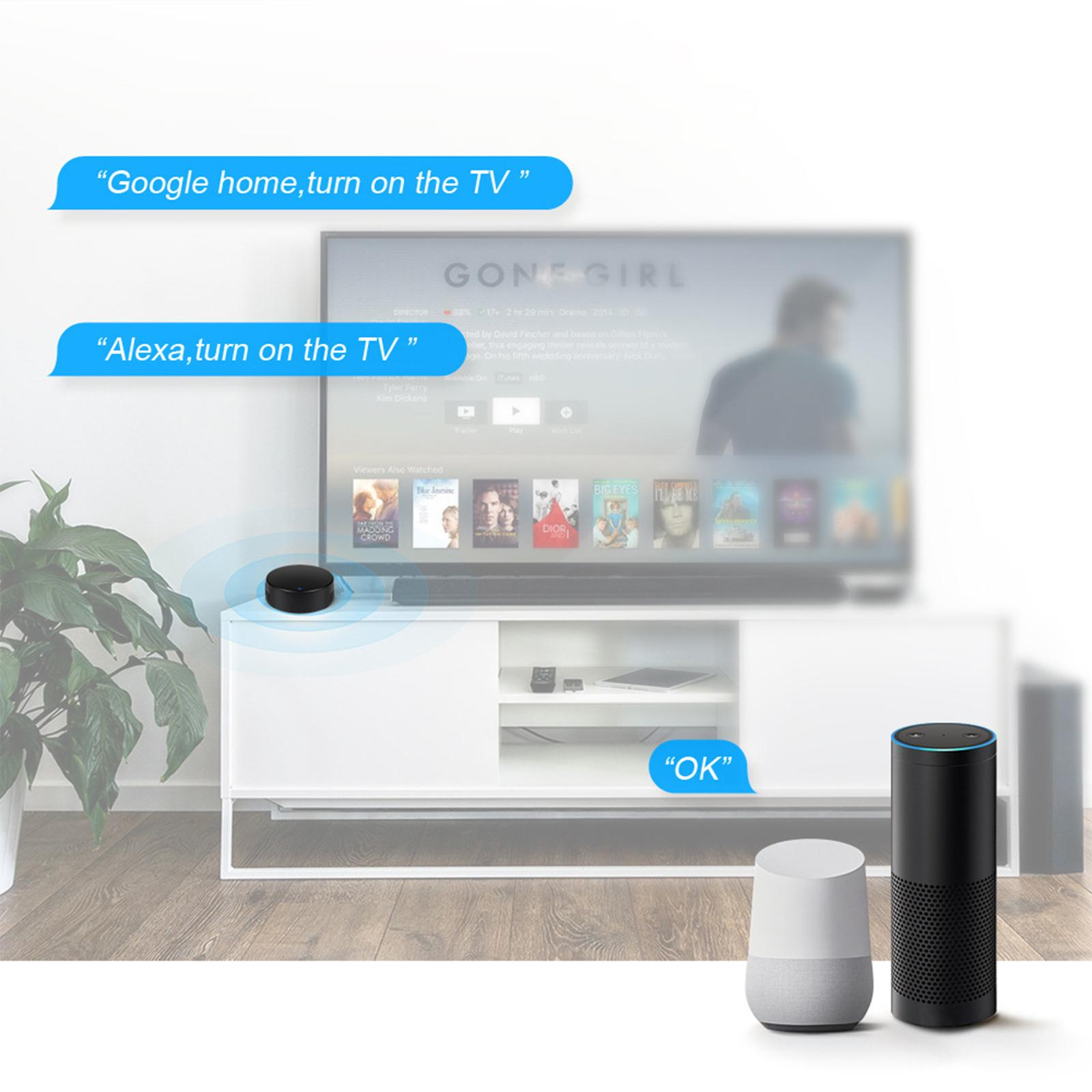 Smart Home Setup: TV, Lautsprecher und Sprachbefehlsgeräte.