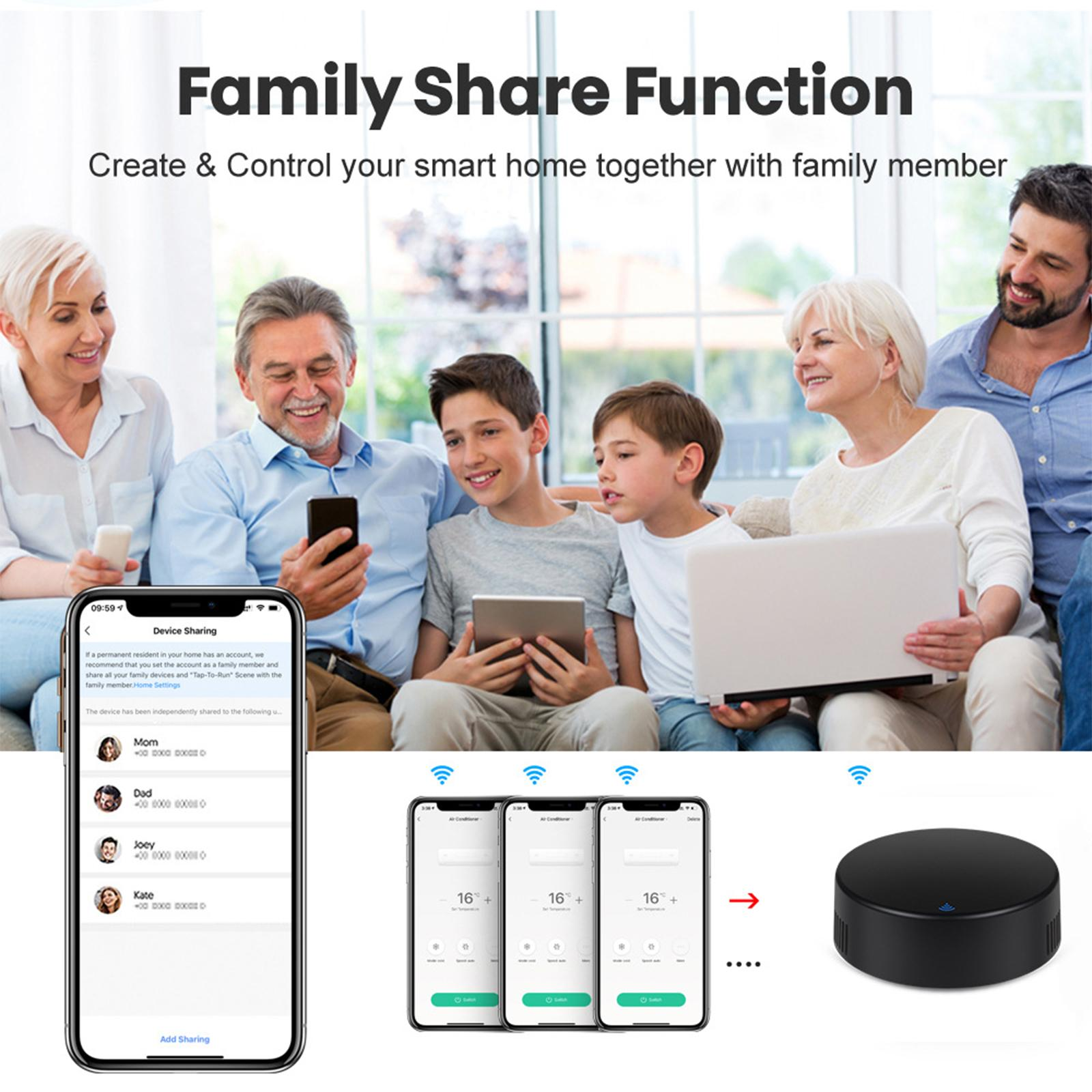 Eine Familie schaut auf ein Telefon und ein Tablet. Das Bild zeigt, wie man Geräte teilt.