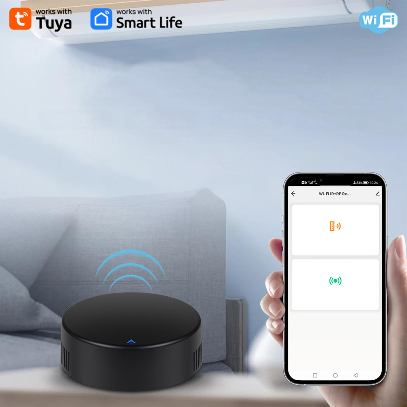 Ein schwarzes Smart-Home-Gerät und ein Telefon mit einer App. Das Gerät ist in der Nähe.