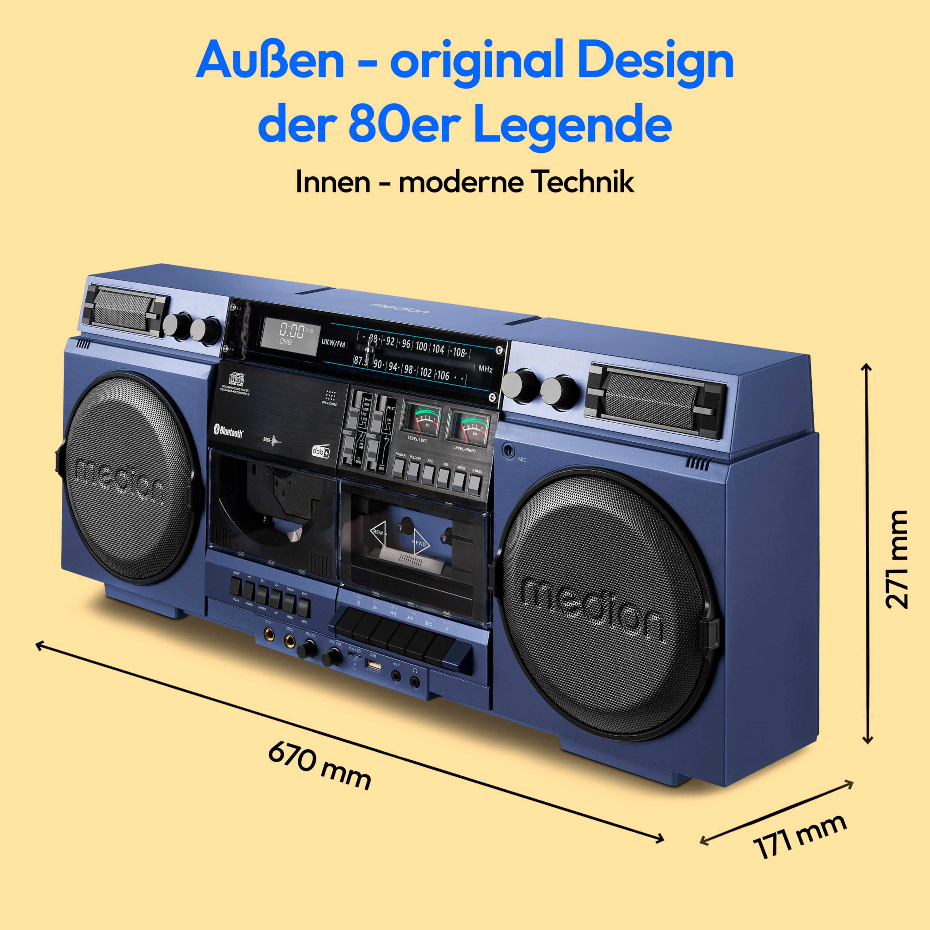 Blaue Boombox mit Maßen, Knöpfen und Text.