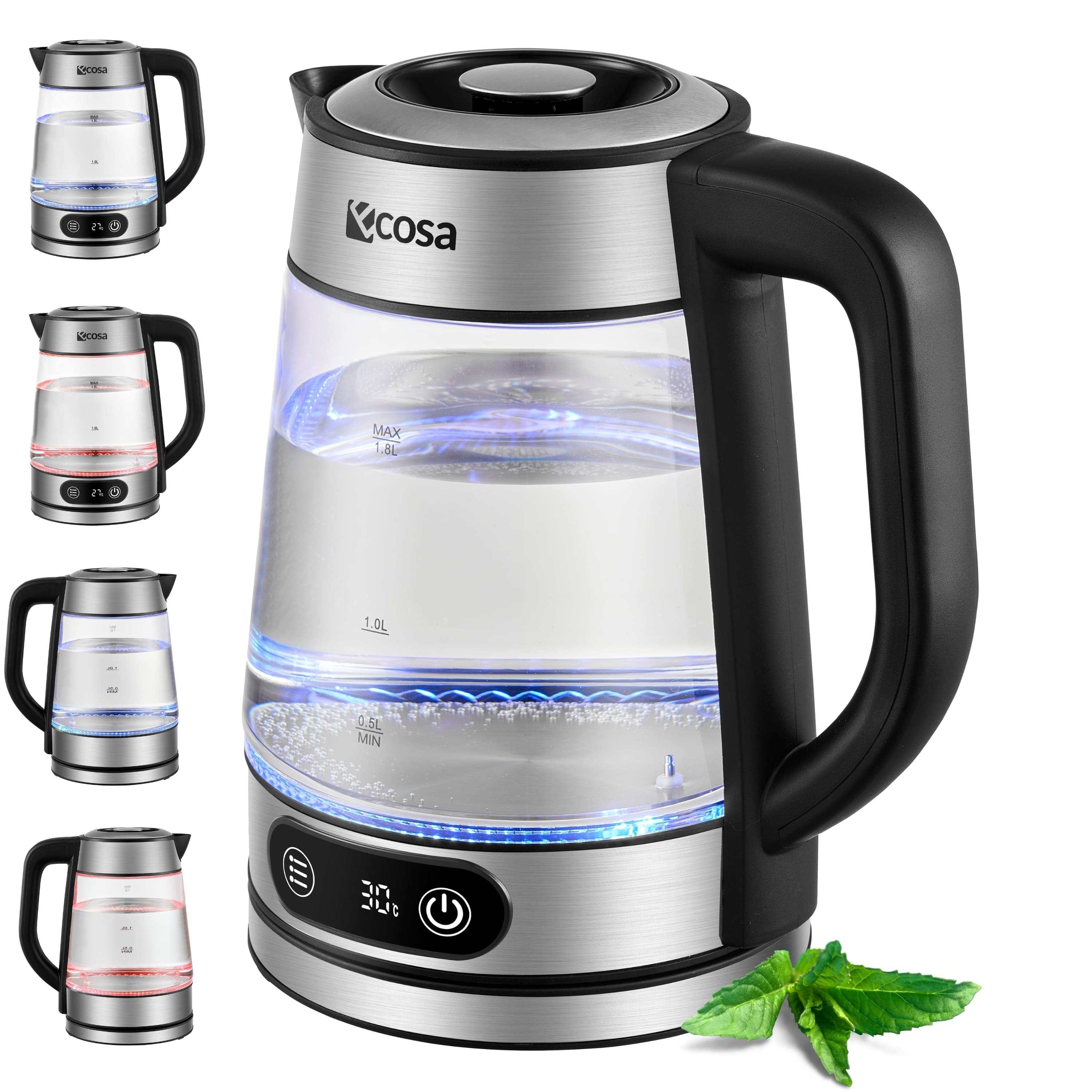 Bollitore elettrico in vetro con livelli d'acqua e foglie di menta.