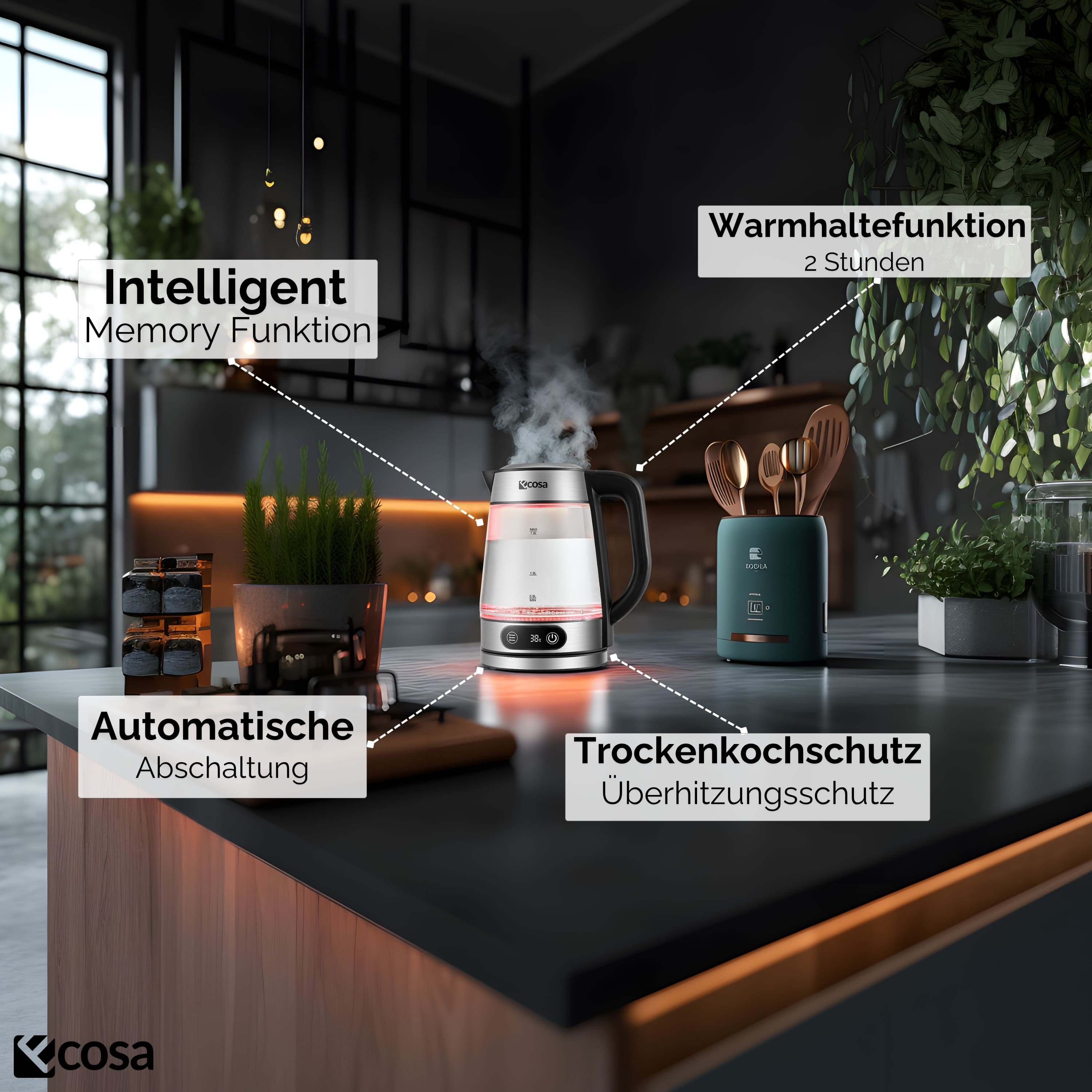 Una cucina moderna con un bollitore elettrico in argento e vetro. Etichette di testo con frecce che indicano le funzioni.