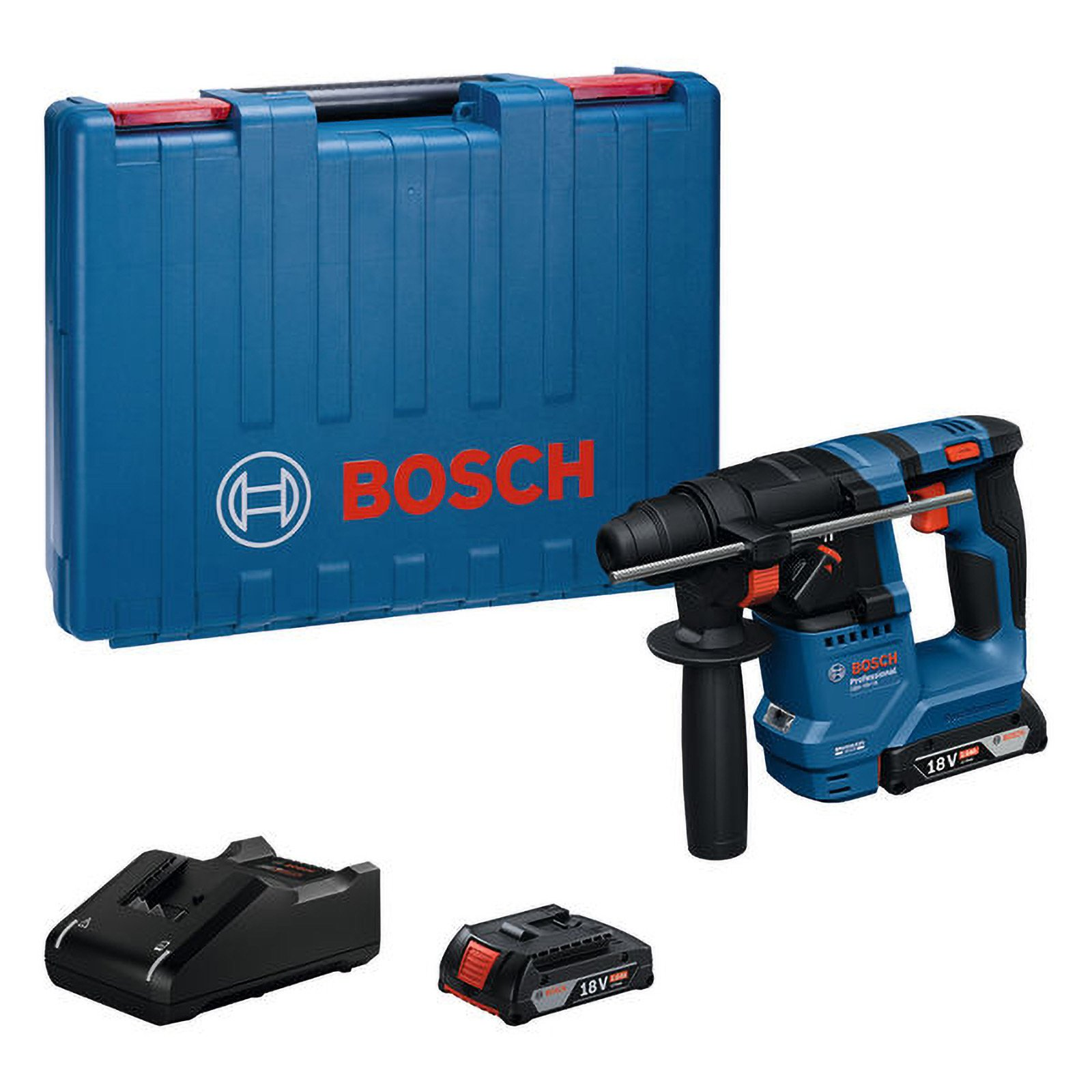 Bosch Bohrer-Set: blaue Kiste, Bohrer, Ladegerät und Akku. Alles auf weißem Hintergrund.