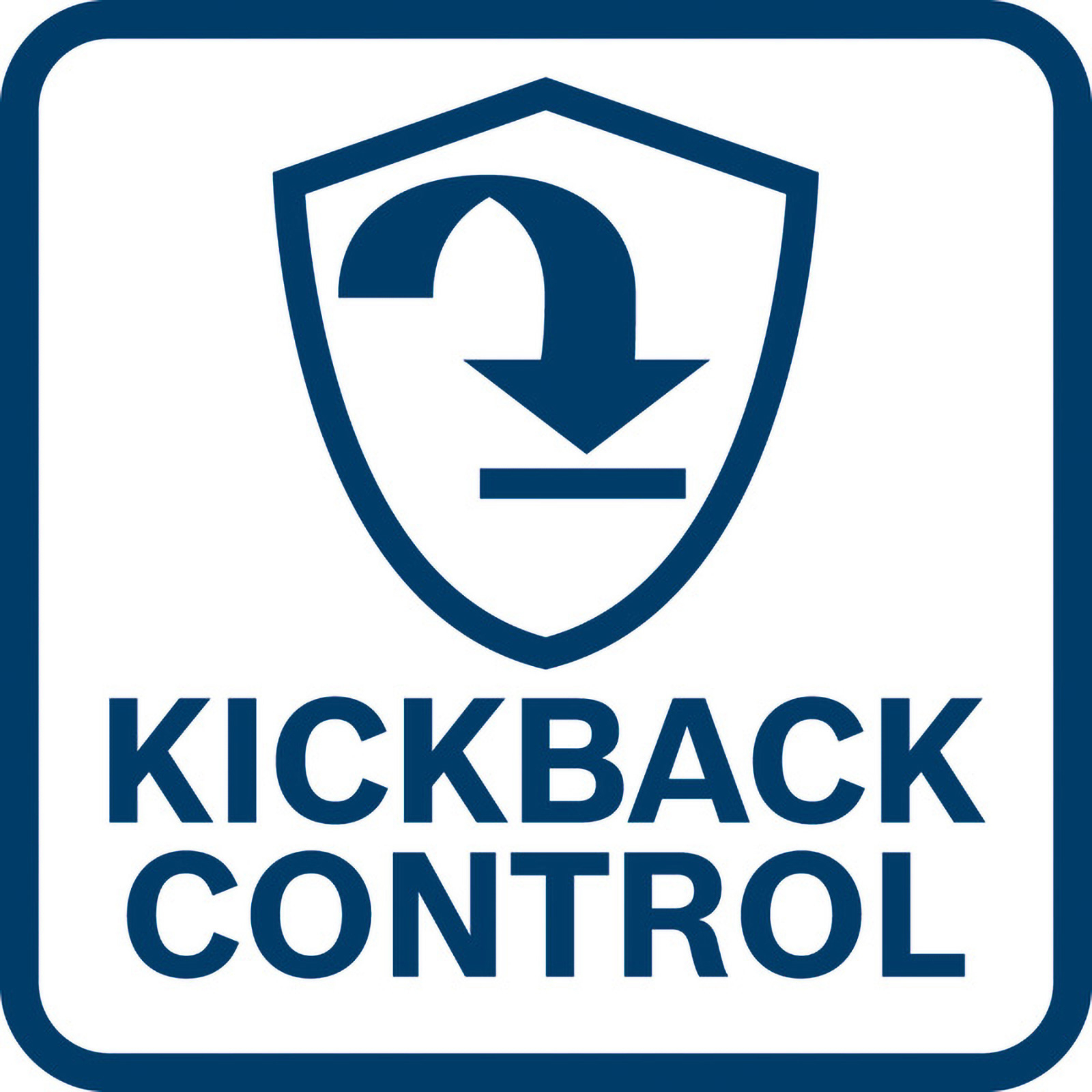 Ein blaues Quadrat mit schwarzem Rand, mit den Worten "KICKBACK CONTROL".