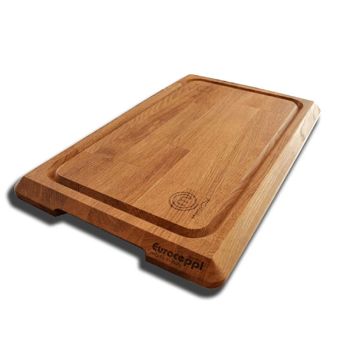 Tagliere in legno con scanalatura perimetrale e logo. Etichetta Made in Italy.