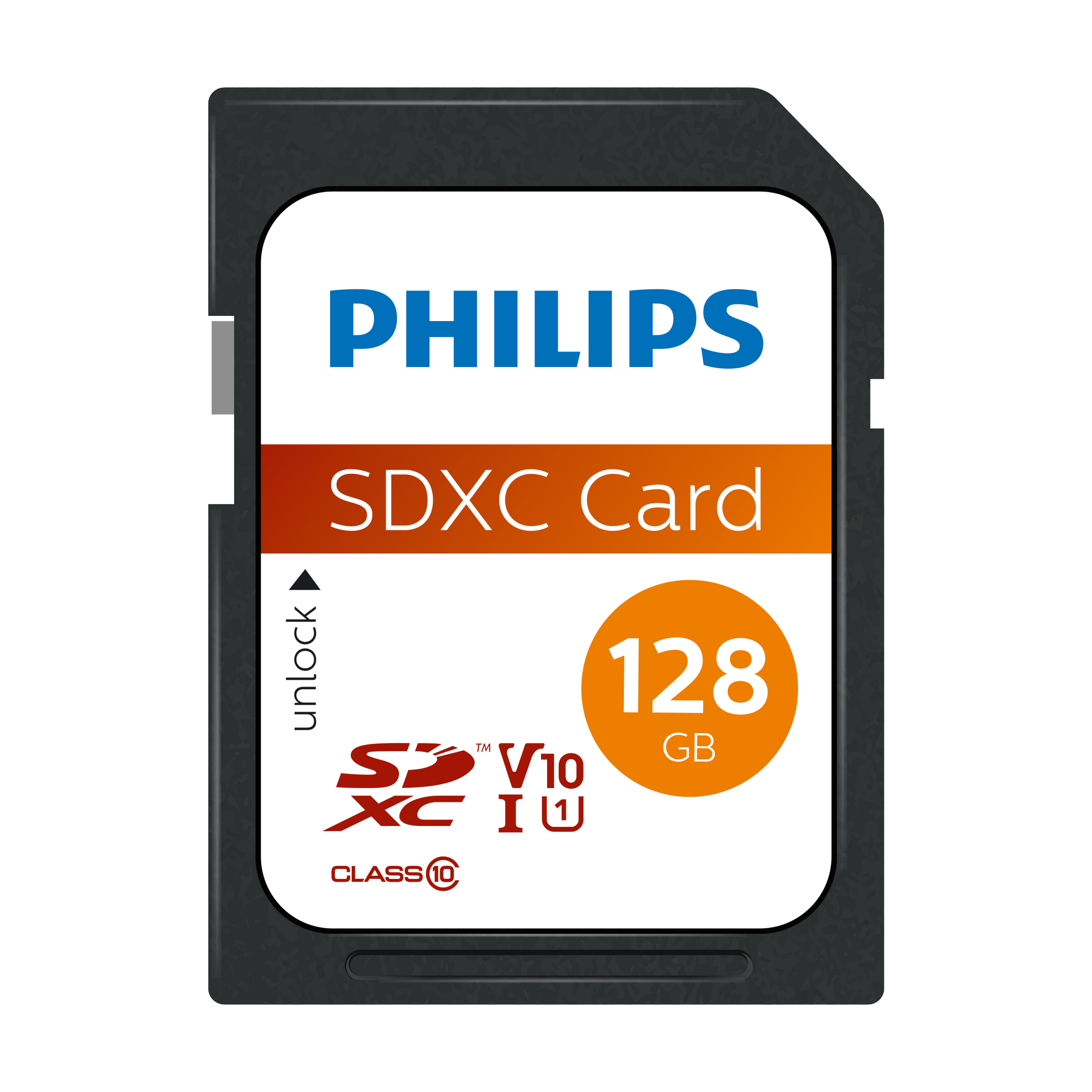 Philips SDXC memory card on white, black card with white label. Blue Philips text, orange SDXC, and white info.