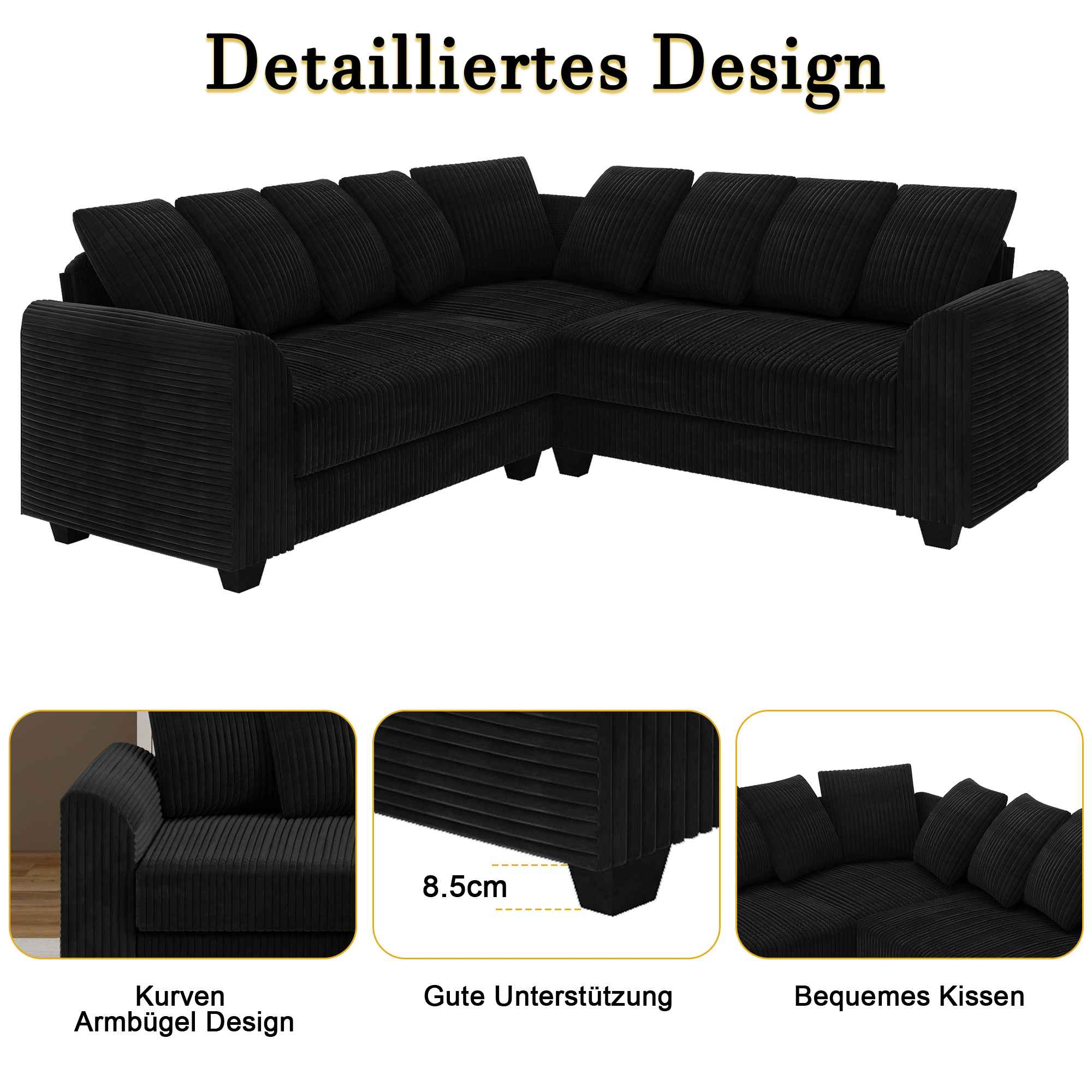 Schwarzes Ecksofa mit detailliertem Design. Nahaufnahmen zeigen Armlehne, Unterstützung, Kissen.