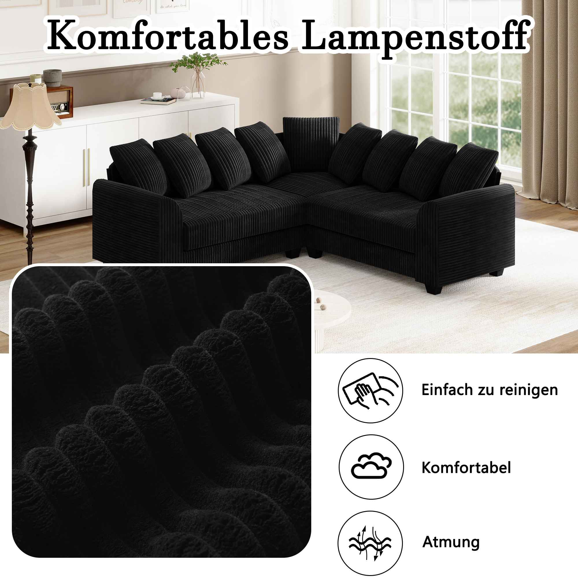 Nahaufnahme eines schwarzen Cordsofas, das die Stoffstruktur und Symbole für Reinigung und Atmungsaktivität zeigt.