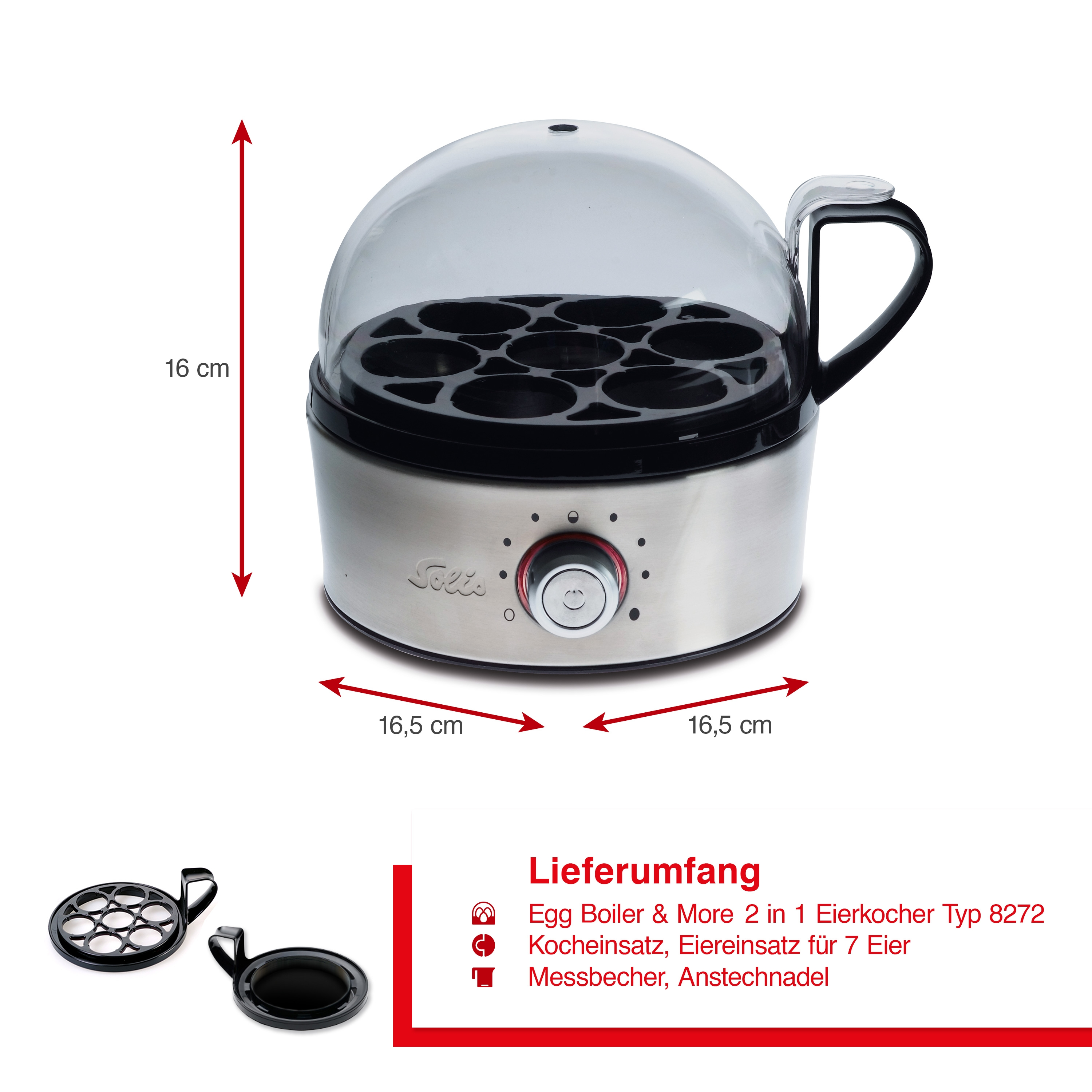 Garnek do gotowania jajek z wymiarami i częściami. Obejmuje garnek do gotowania jajek, miarkę i szpilkę.