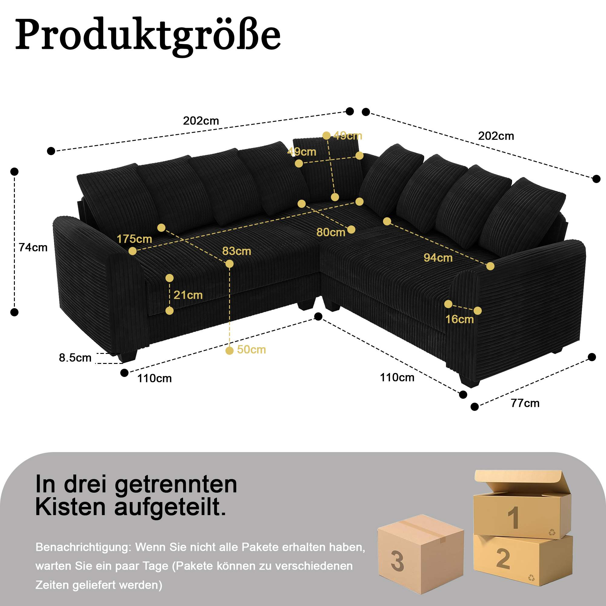 Schwarzes Ecksofa mit Maßen. Abmessungen umfassen Höhe, Breite, Tiefe und Kartondetails.
