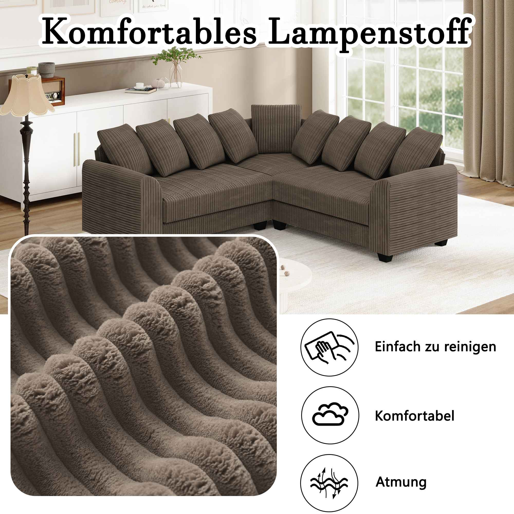 Braunes Ecksofa mit Nahaufnahme des Stoffes. Icons zeigen einfache Reinigung, Komfort und Atmungsaktivität.