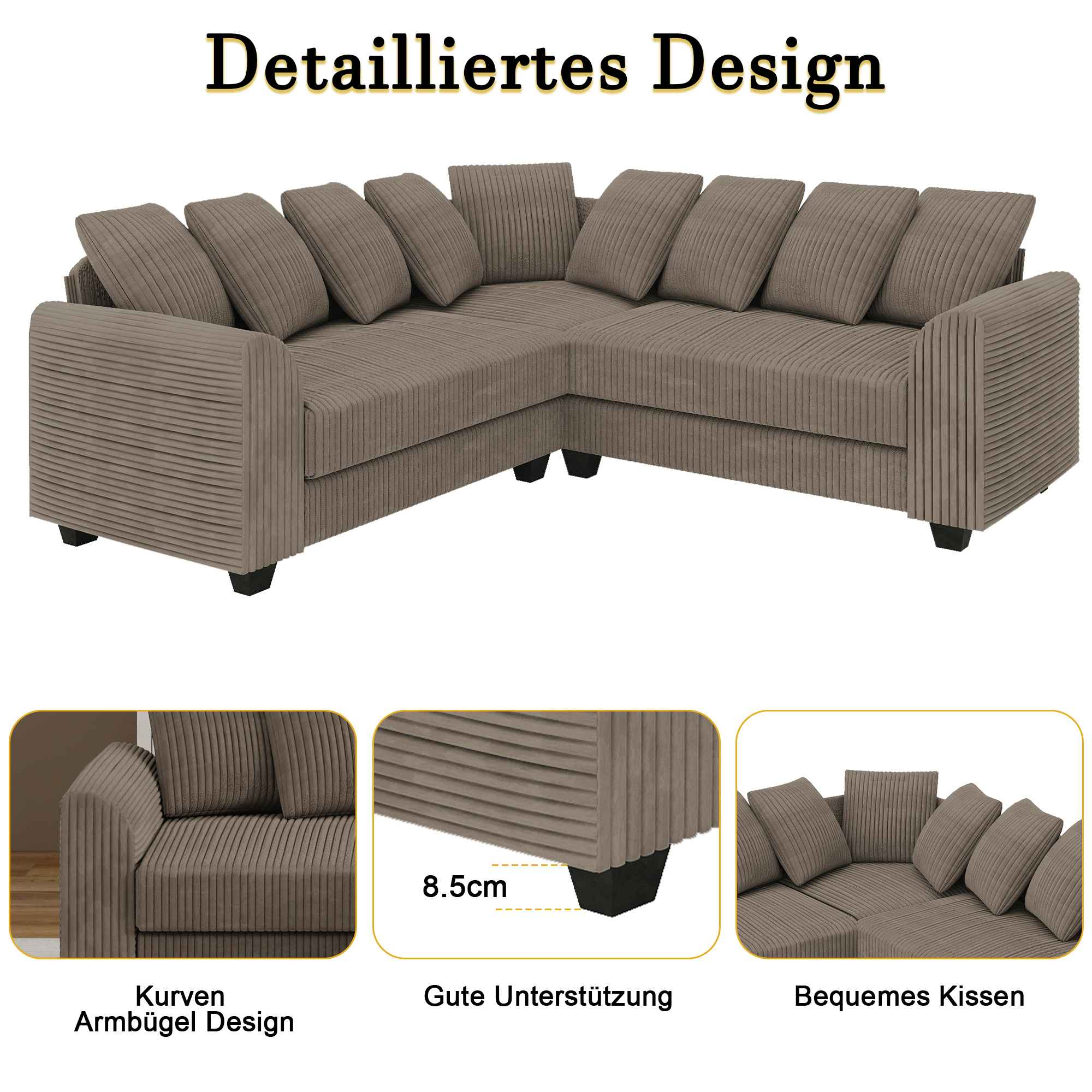 Braunes Ecksofa mit detailliertem Design. Nahaufnahmen zeigen Armlehne, Unterstützung und bequeme Kissen.