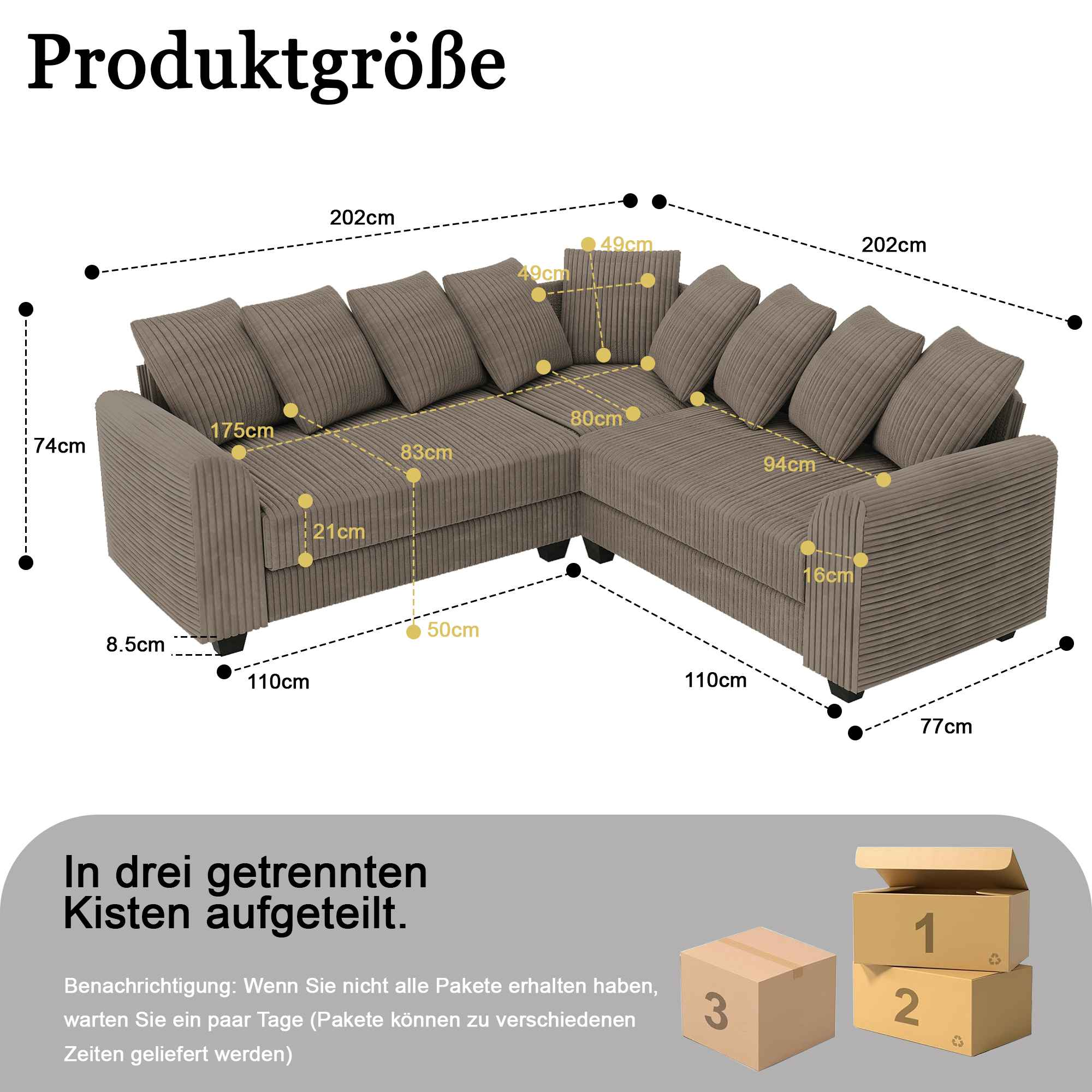Ein Diagramm mit Abmessungen eines braunen Ecksofas und drei Kartons mit den Nummern 1, 2, 3.