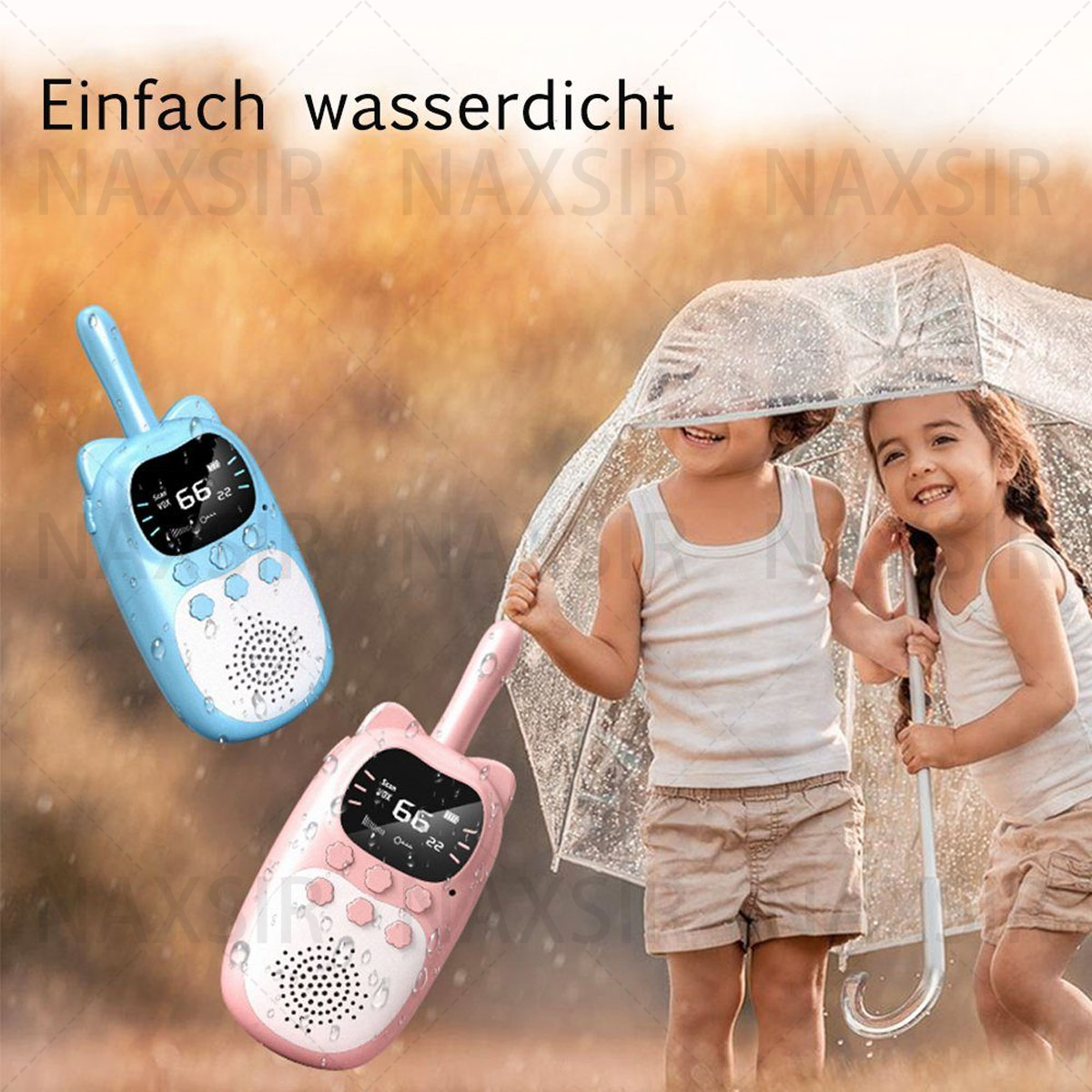 Zwei Kinder unter einem Schirm, mit zwei rosa und blauen Walkie-Talkies und dem Text: Einfach wasserdicht.