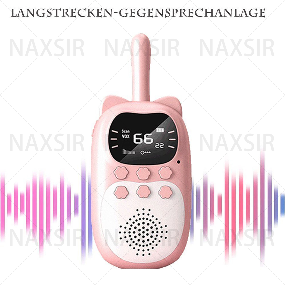 Ein pinkfarbenes Walkie-Talkie mit Katzenohren, einem Bildschirm mit Zahlen und dem Wort 'NAXSIR'.